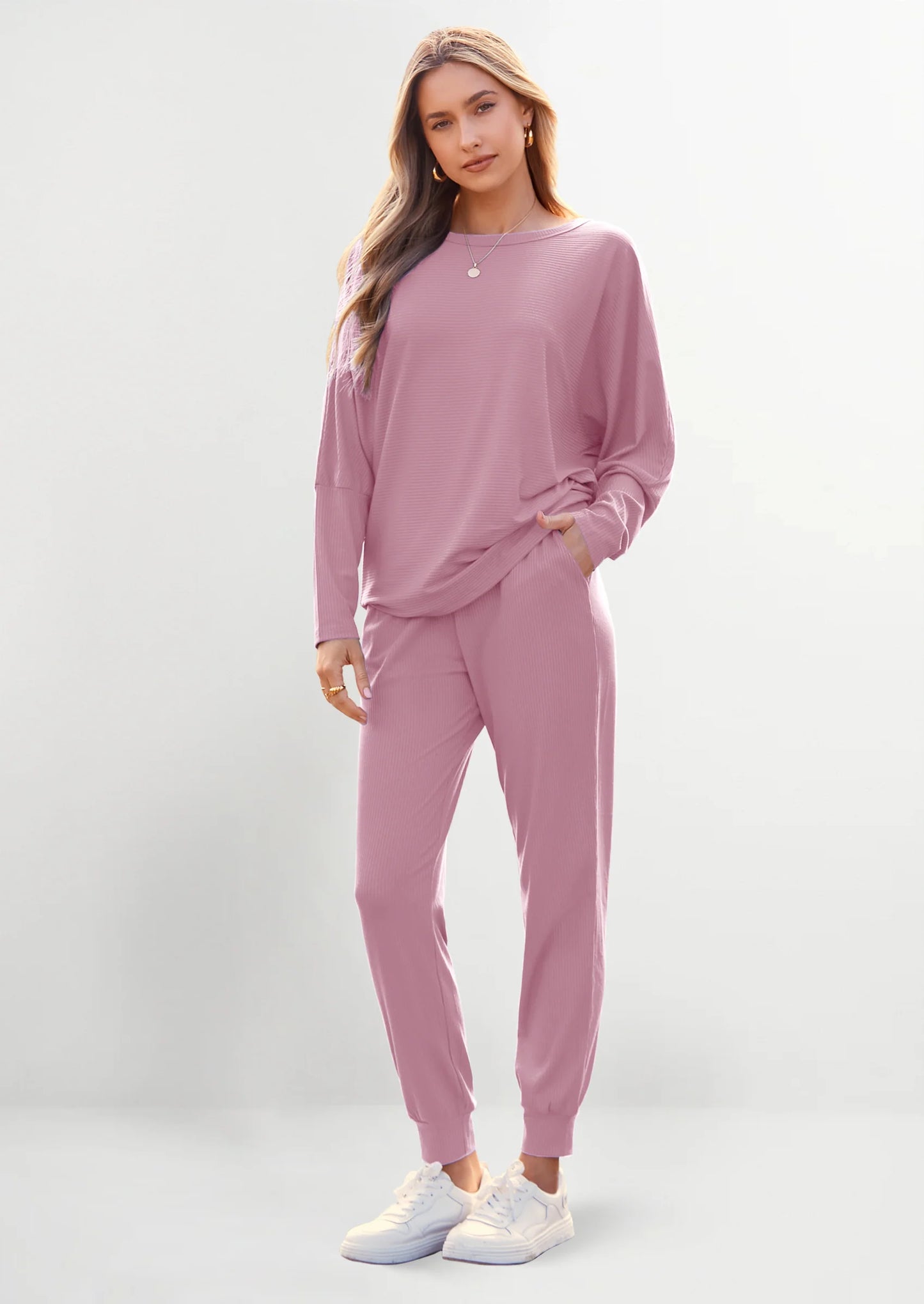 Women's Fall 2 Piece Lounge Set Long Sleeve Tops Ribbed Pants Spring Matching Sweatsuit Travel Outfits Clothes