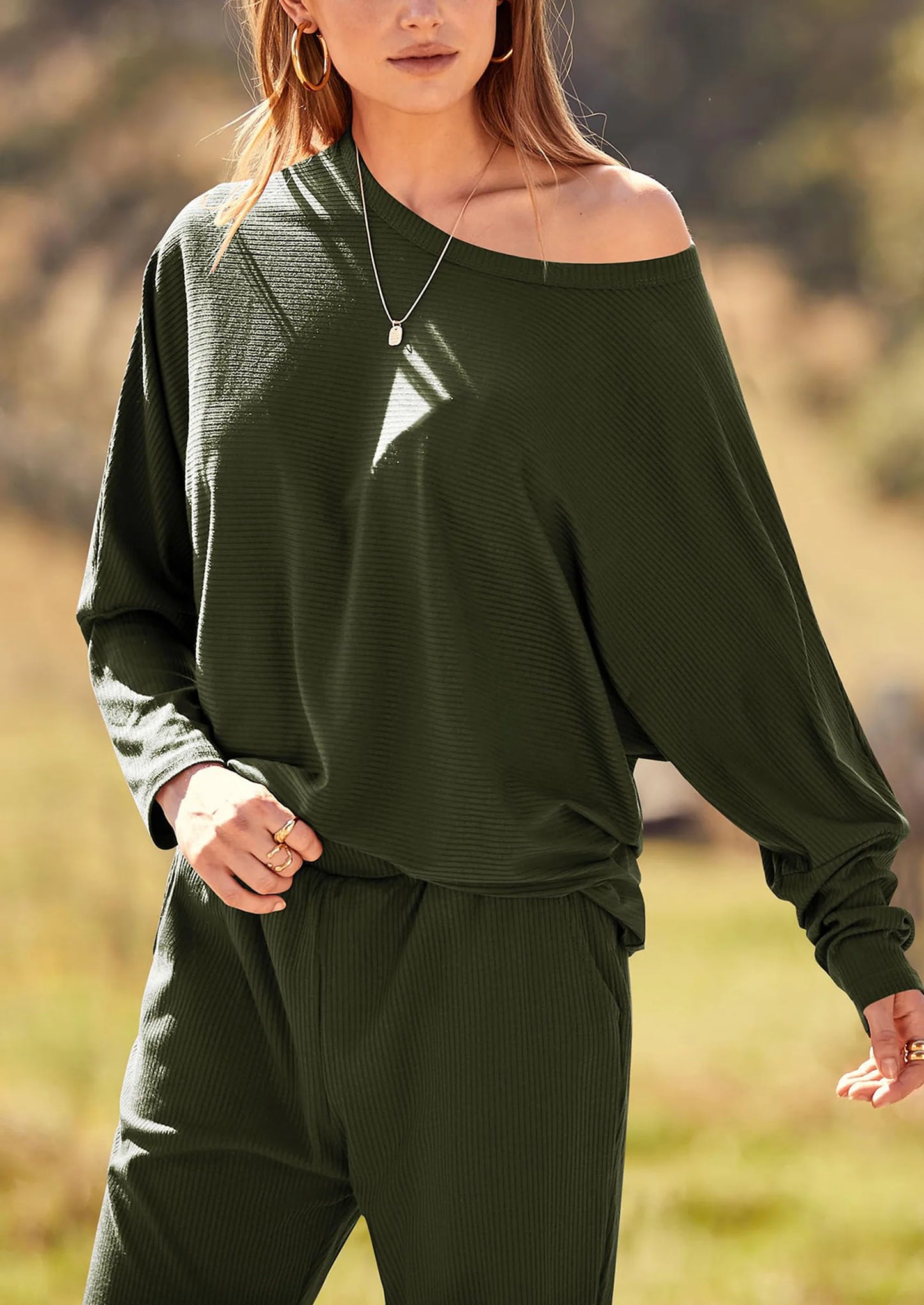 Women's Fall 2 Piece Lounge Set Long Sleeve Tops Ribbed Pants Spring Matching Sweatsuit Travel Outfits Clothes