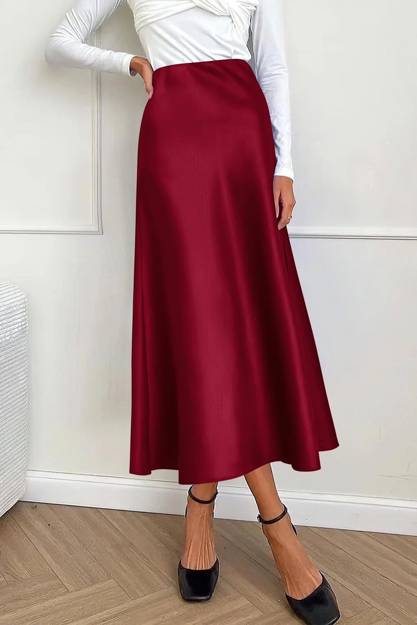 Women's Satin Skirts Dressy Casual Fall High Waisted Cocktail Wedding Flowy Elegant A Line Midi Skirt