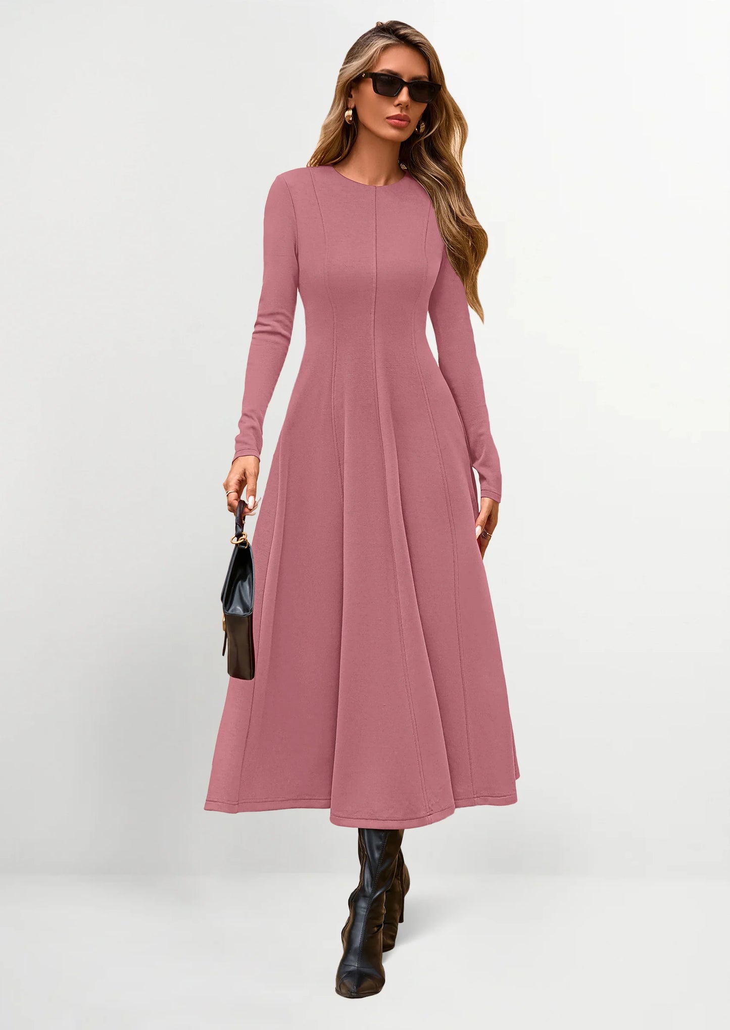 Women's Fall Long Sleeve Midi Dress Casual Elegant Ruffle Flowy A Line Swing Cocktail Party Dresses