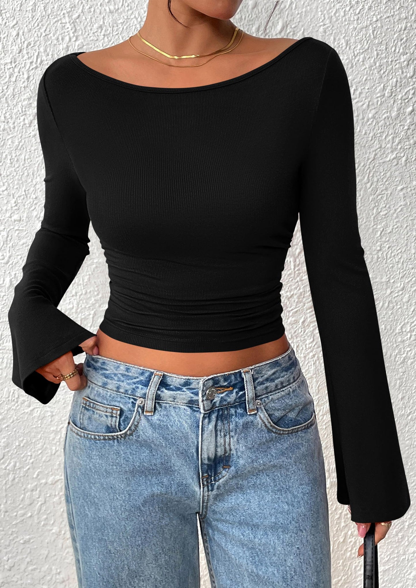 Women's Long Sleeve Shirts Fall Going Out Tops Casual Boat Neck Bell Sleeve Ribbed Ruched Y2K Clothes