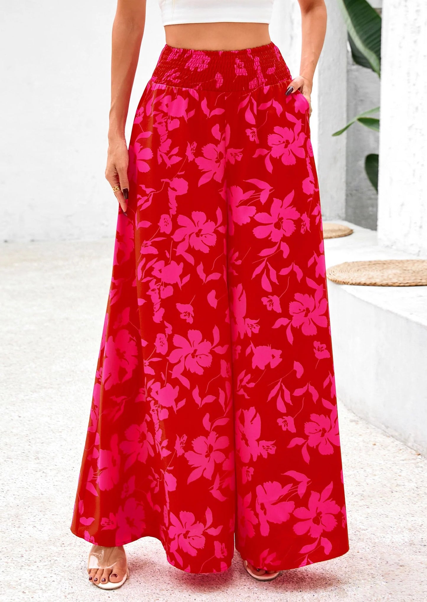Casual Elastic High Waisted Pockets Boho Beach Wide Leg Palazzo Pants