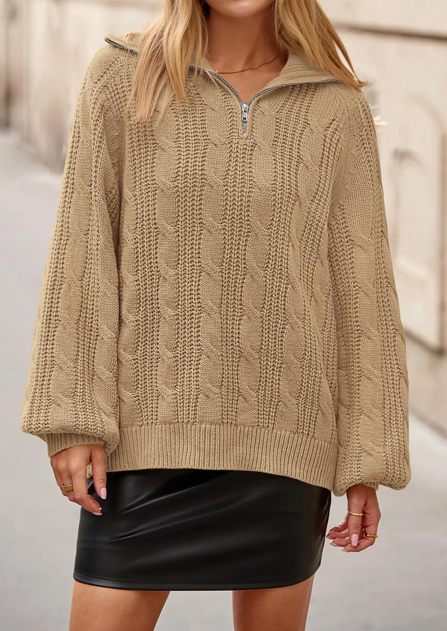 BTFBM Sweaters for Women Fall Fashion Loose Quarter Zip Pullover Collared Long Sleeve Cable Knit Winter Clothes