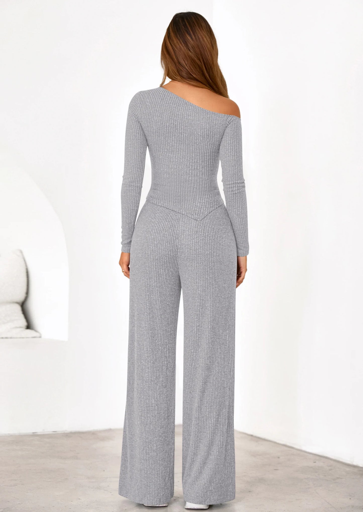 Casual Two Piece Sets for Women Fall Outfits Asymmetrical Off Shoulder Tops Wide Leg Pants Knit Lounge Set