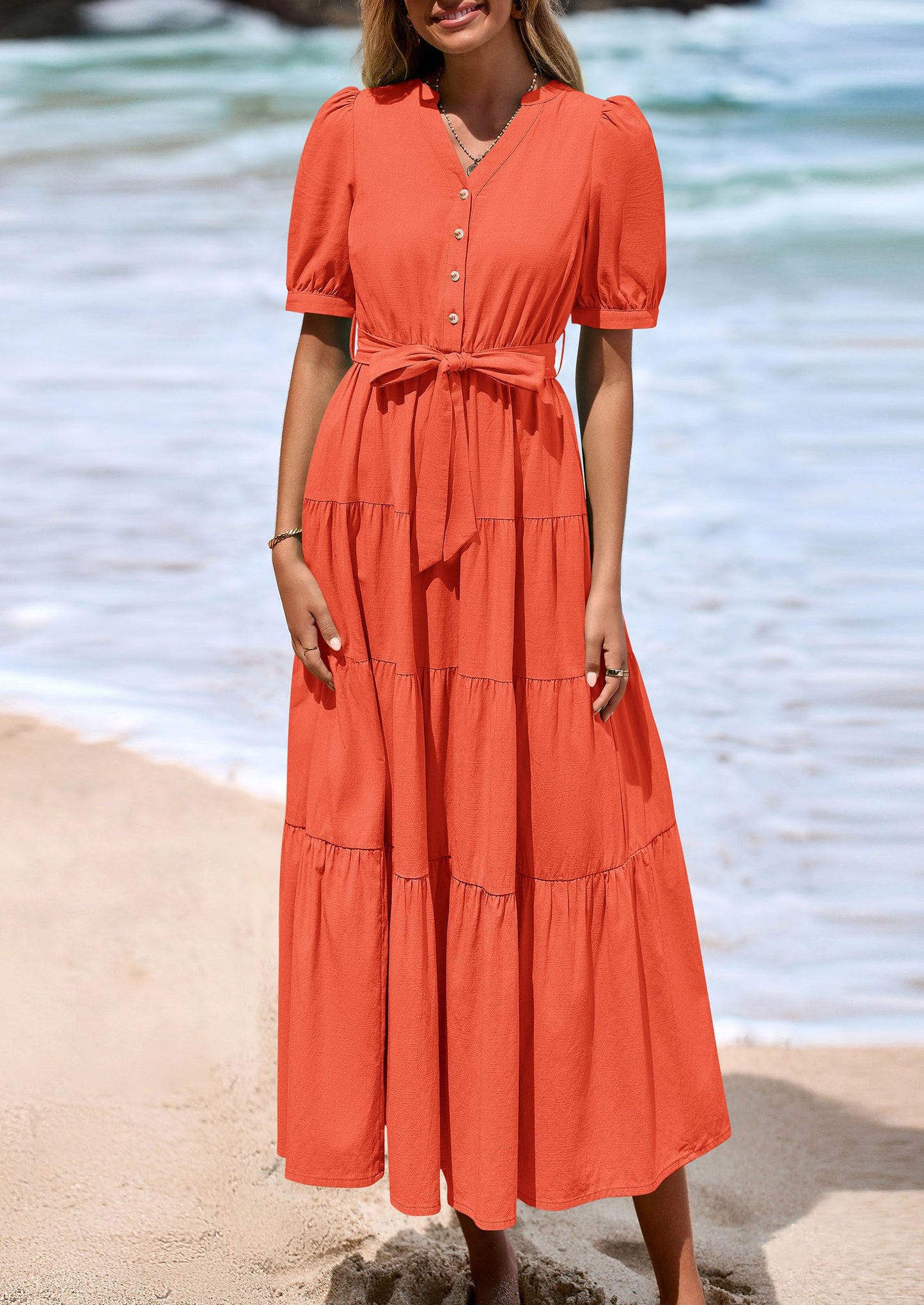 Women's Midi Dress Casual Short Sleeve V Neck Buttons Belted Ruffle A Line Flowy Dress with Pockets