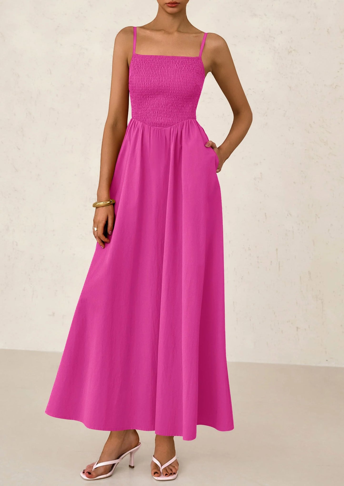 Women's Smocked Maxi Dresses Beach Sundress Casual Spaghetti Strap Swing A Line Long Flowy Dress