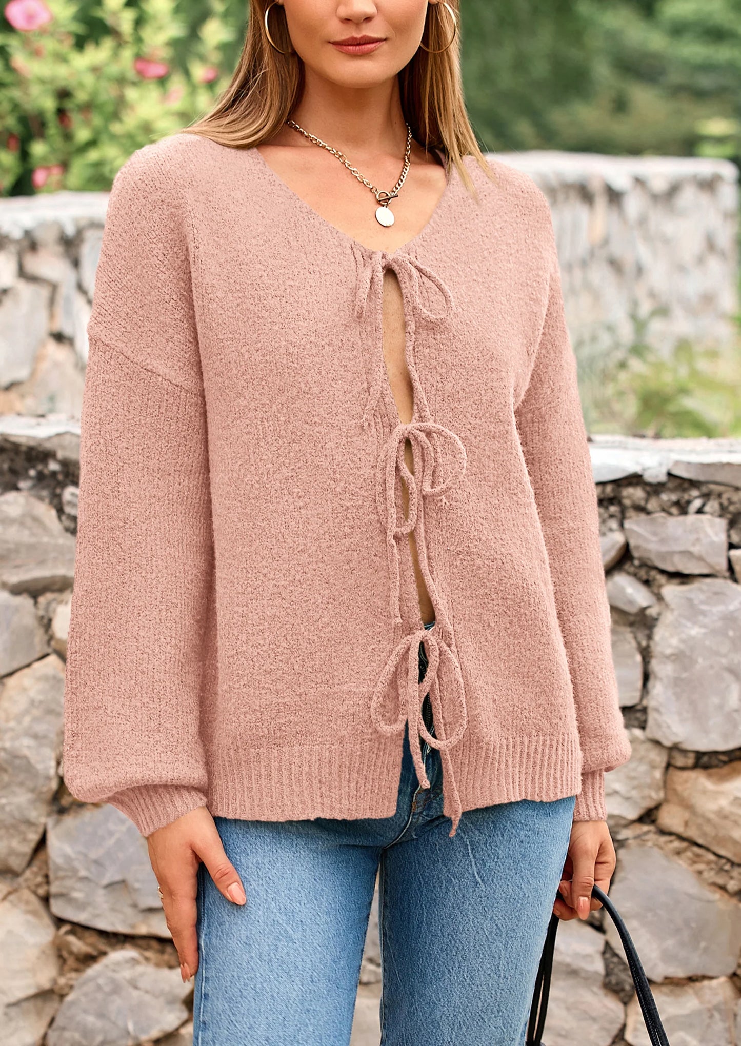 Women's Tie Front Bow Cardigan Sweaters Chunky Knit Long Puff Sleeve Trendy Fall Winter Jacket Coats