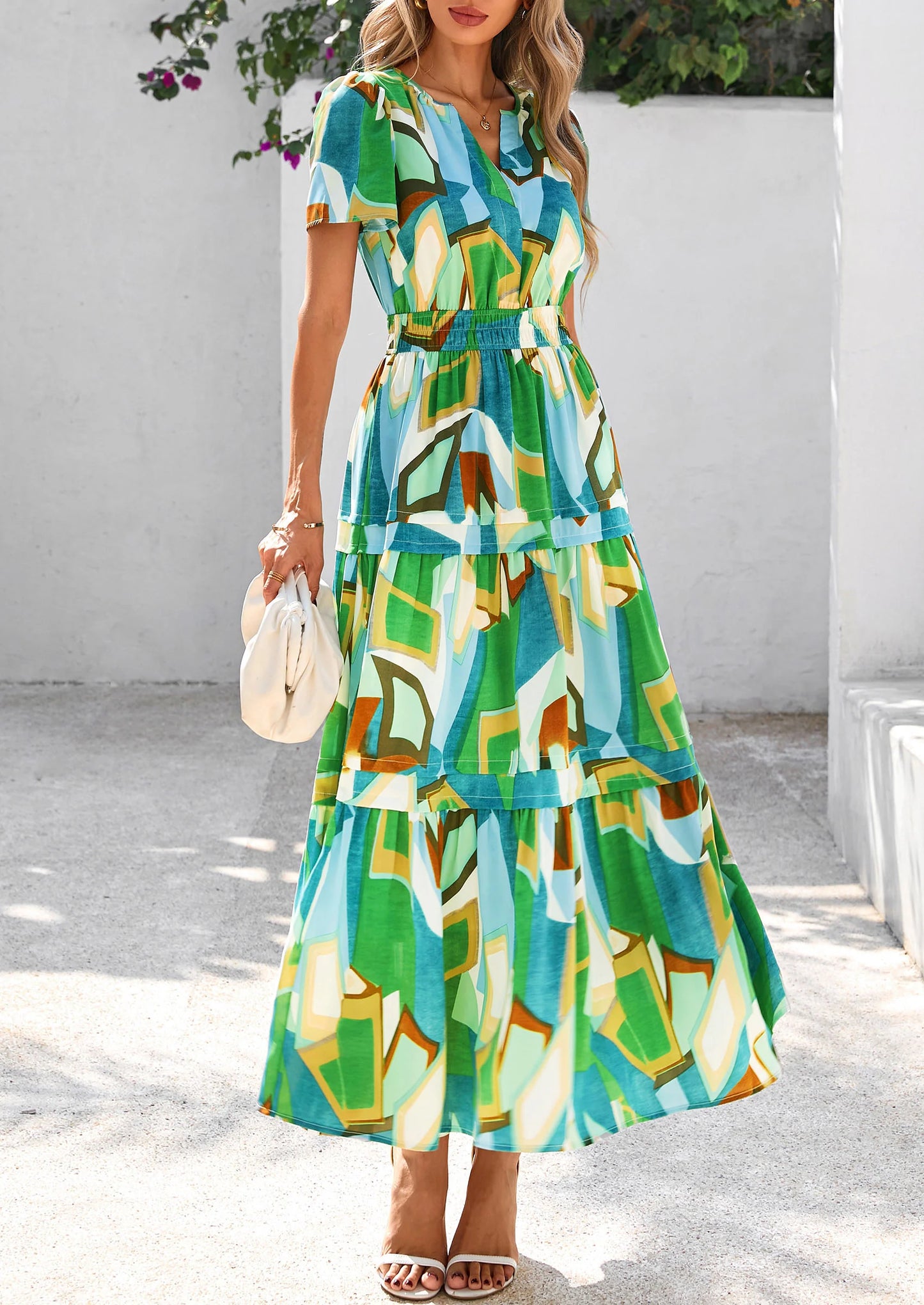 Women's Boho Maxi Dresses Floral Short Sleeve V Neck A Line Tiered Flowy Long Beach Vacation Dress