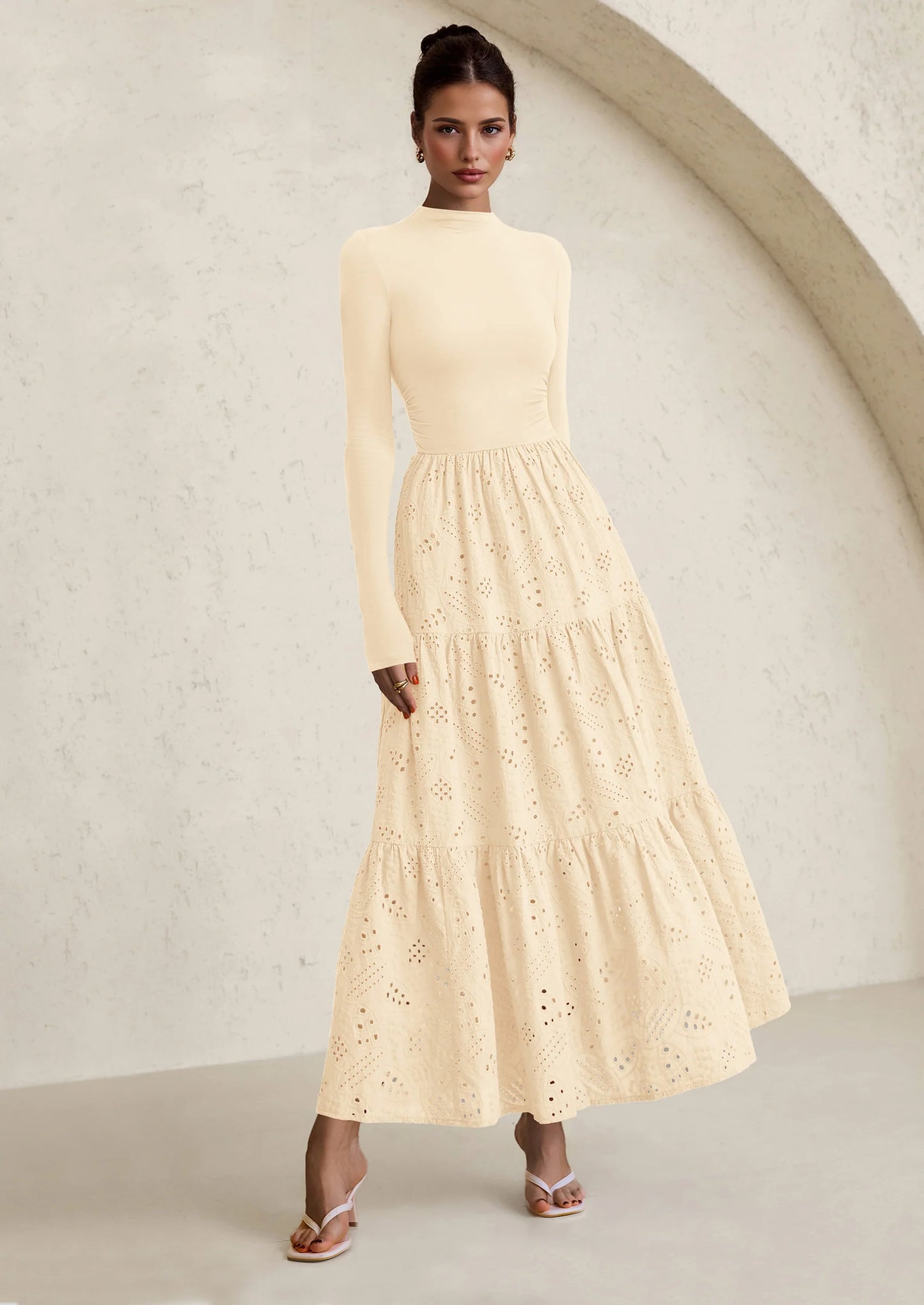 Long Sleeve Dress for Women Fall Eyelet Mock Neck A Line Elegant Classy Maxi Wedding Guest Dresses Pockets