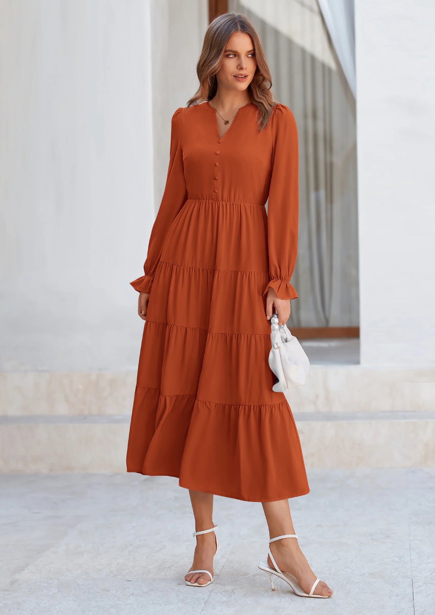 Women Fall Long Sleeve Smocked Maxi Dress Casual Square Neck Swiss Dot Tiered Ruffle Flowy Spring Pocket Dresses