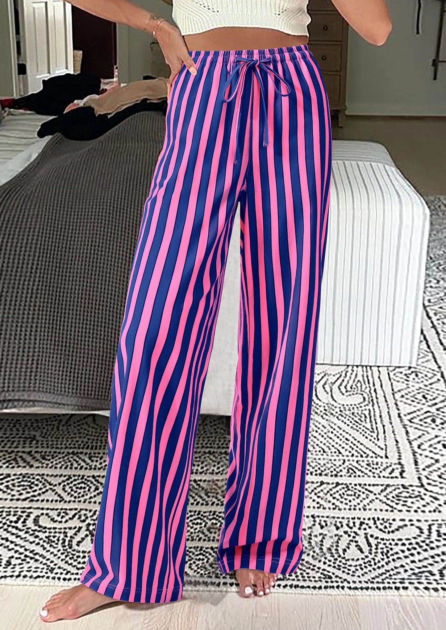 Women's Summer Striped Wide Leg Lounge Pants Trendy Clothes Drawstring Elastic Waist Comfy Pajama Bottoms