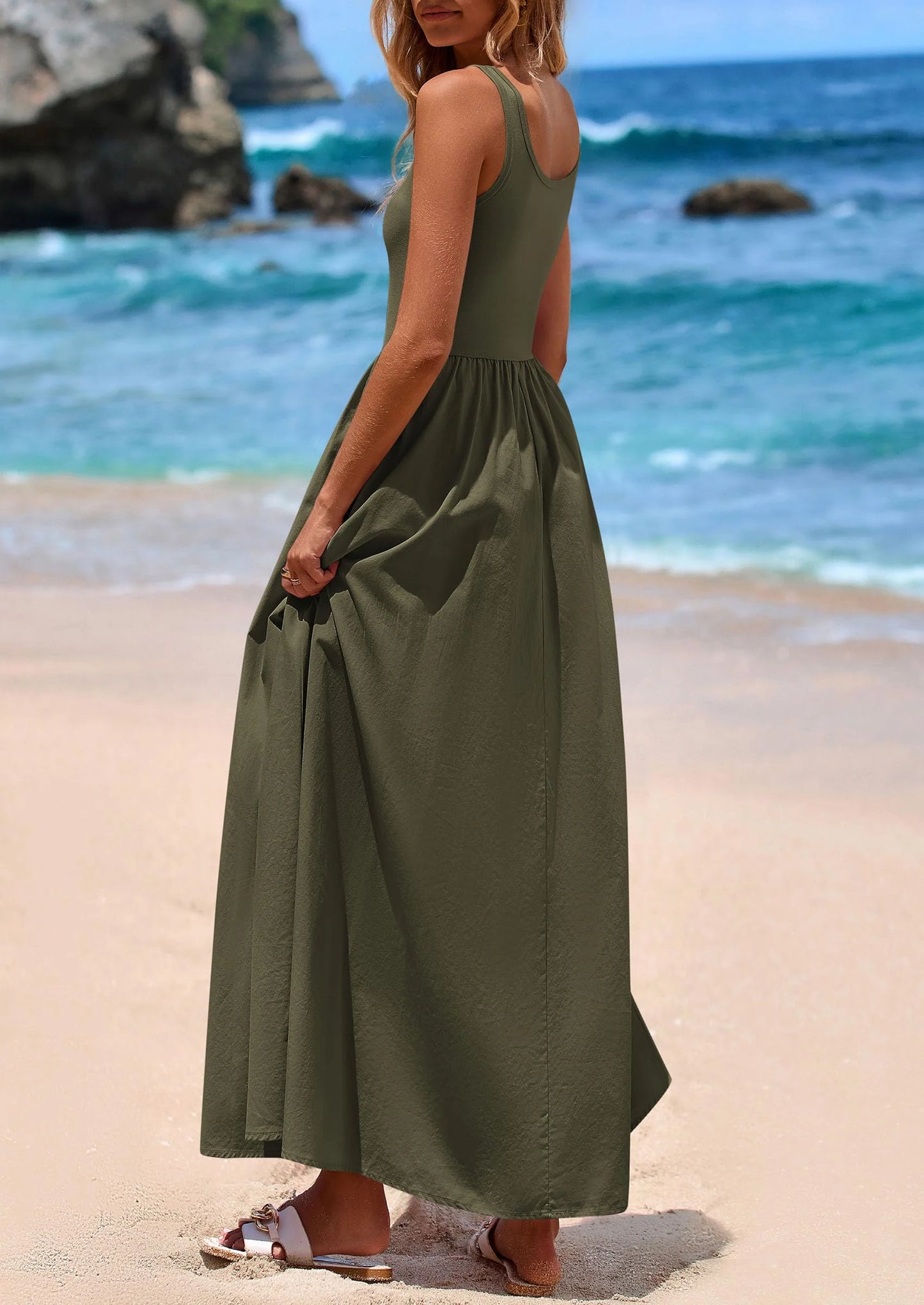Womens Summer Casual Scoop Neck Sleeveless Long Dresses Tank Top Patchwork Aline Swing Maxi Dress with Pockets