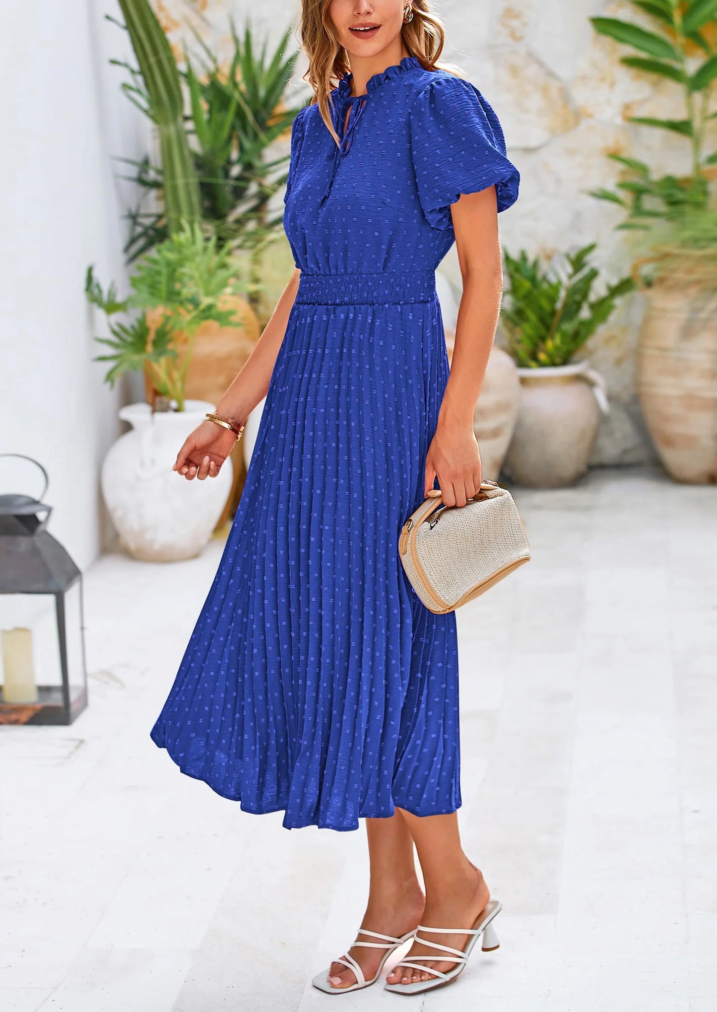 Womens Midi Dresses Puff Short Sleeve V Neck Swiss Dot Pleated A Line Flowy Long Wedding Guest Dress