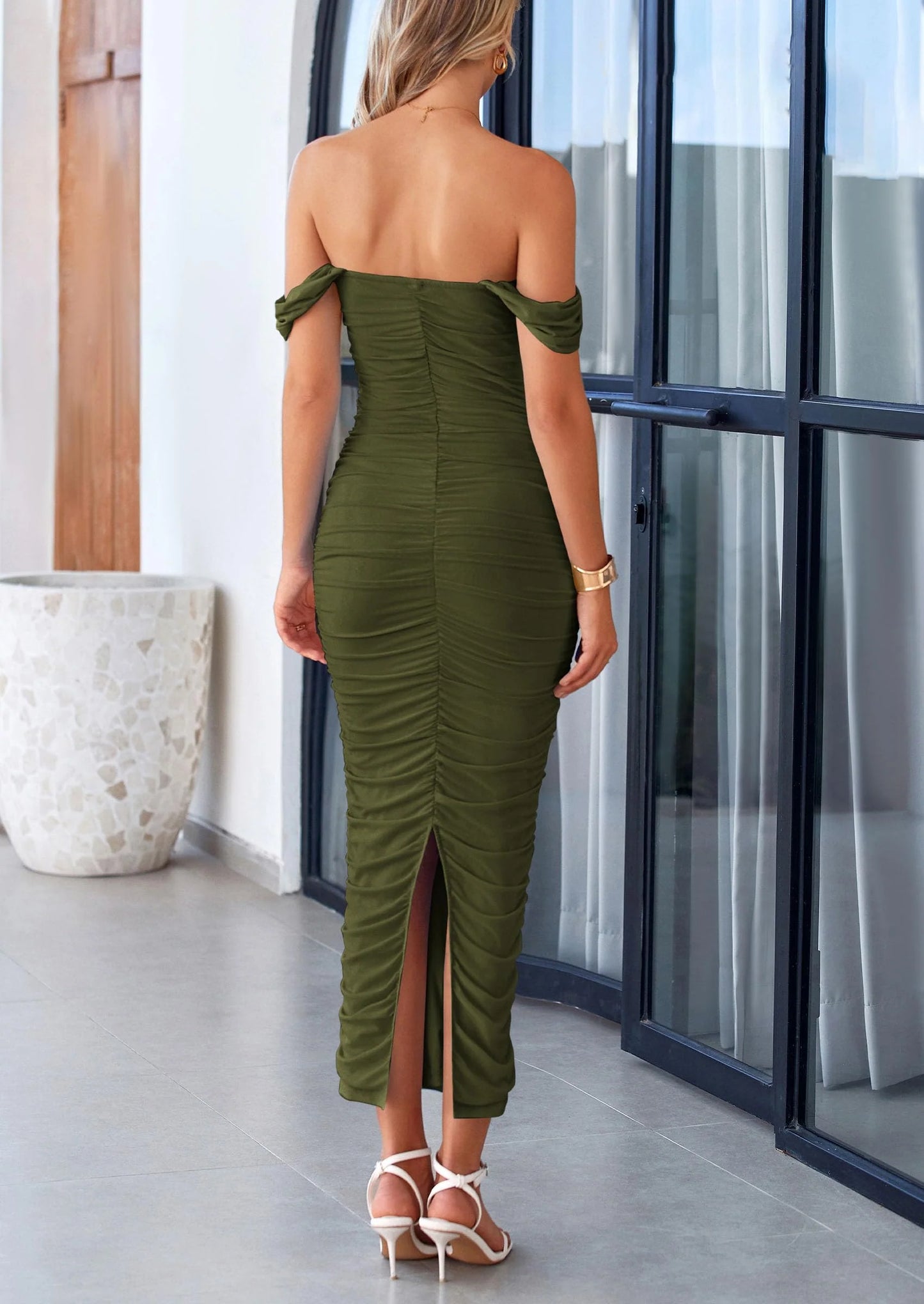 Womens Off The Shoulder Dress Ruched Bodycon Sleeveless Split Cocktail Party Maxi Dresses