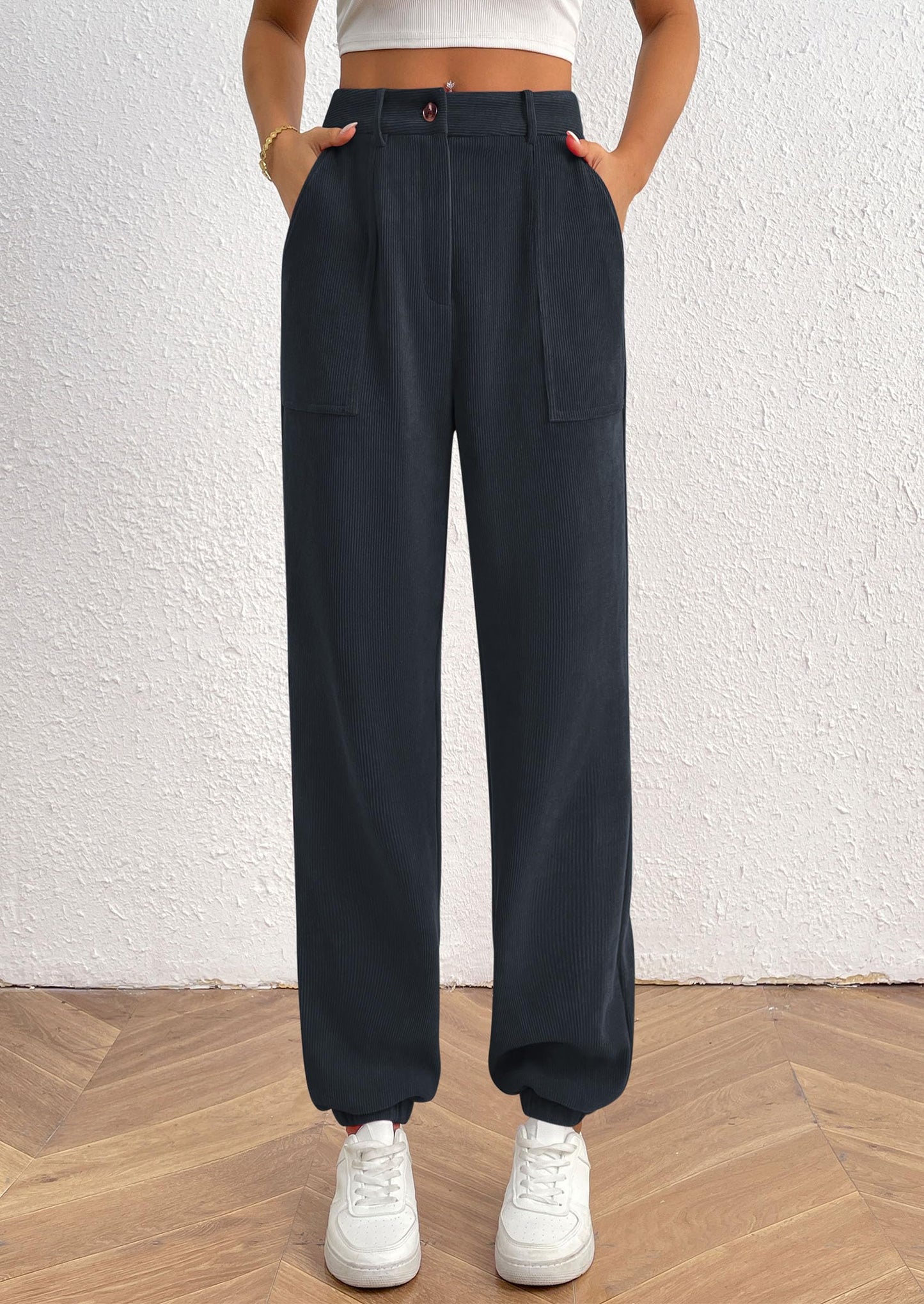 Women's Pants Dressy Casual Fall Elastic High Waisted Work Office Corduroy Trouser Slacks with Pockets