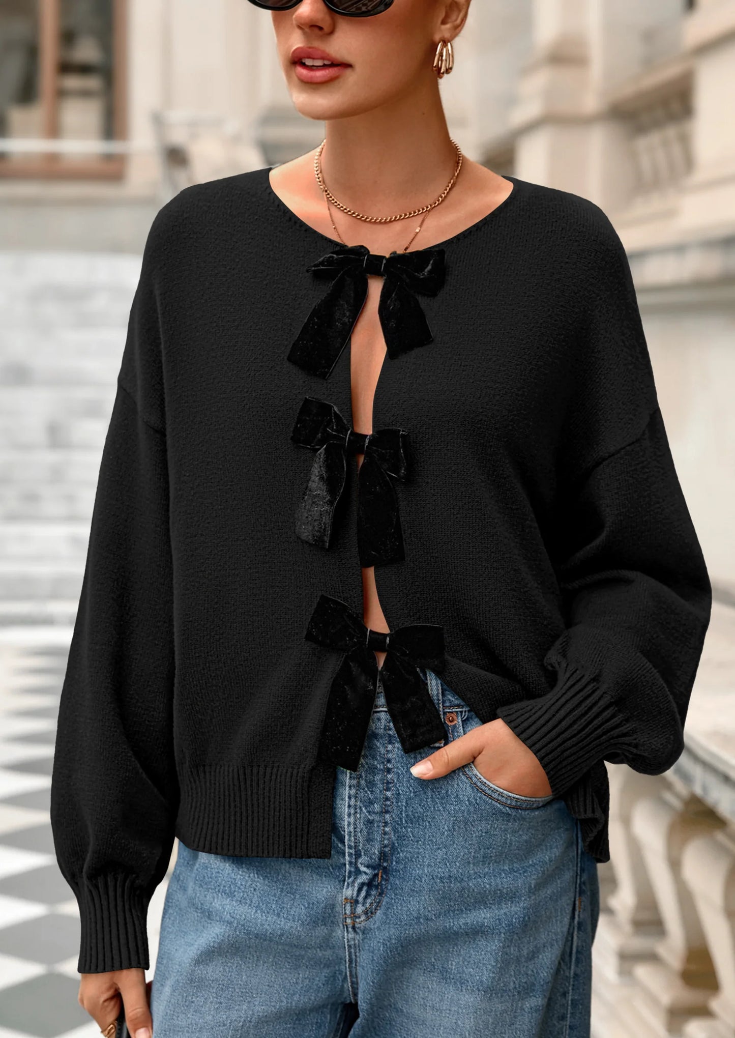Cardigan Sweaters for Women Fall Bow Tie Front Long Sleeve Knit Sweater Tops Cute Going Out Outfits