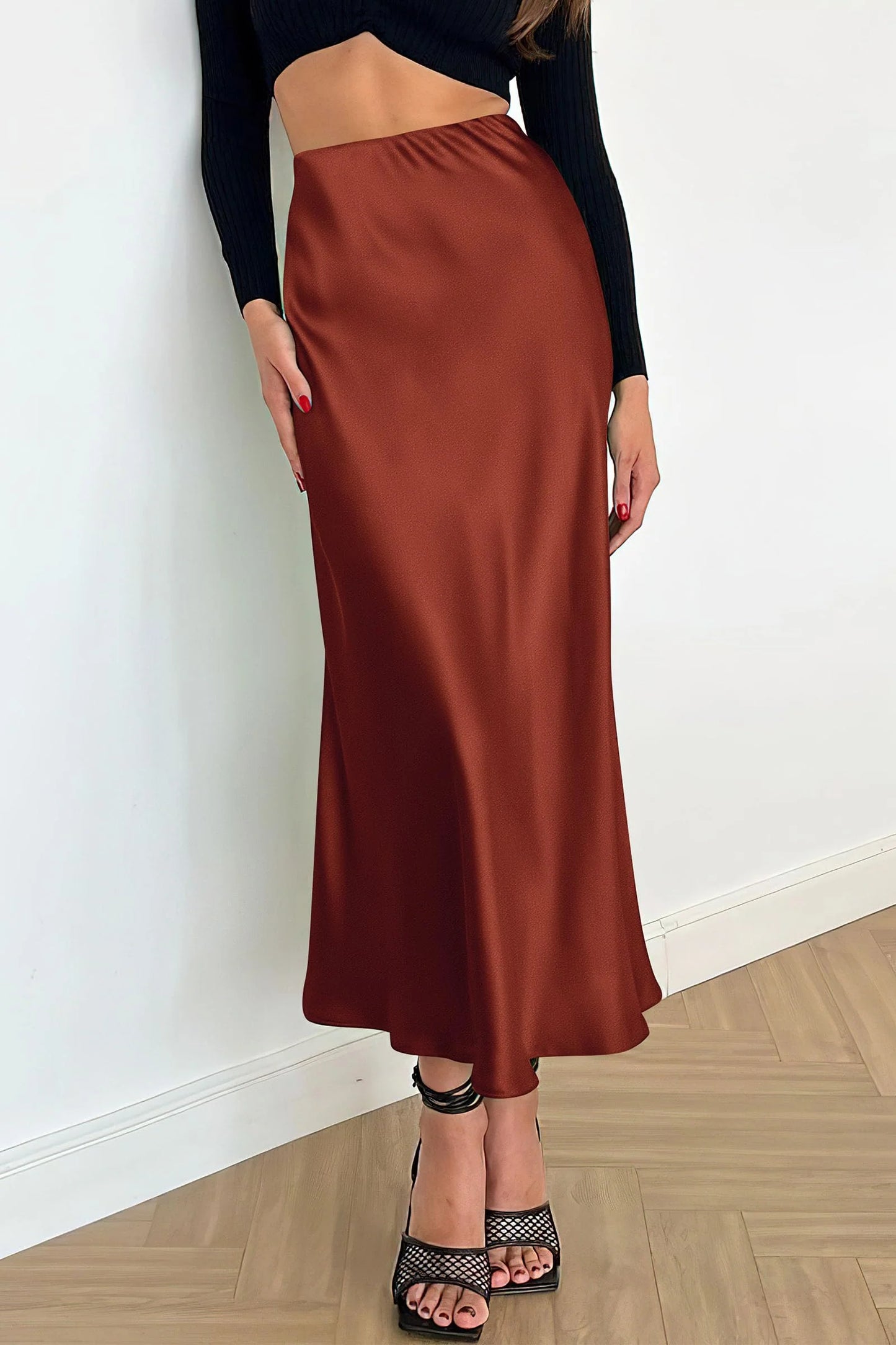 Women's Satin Skirts Dressy Casual Fall High Waisted Cocktail Wedding Flowy Elegant A Line Midi Skirt