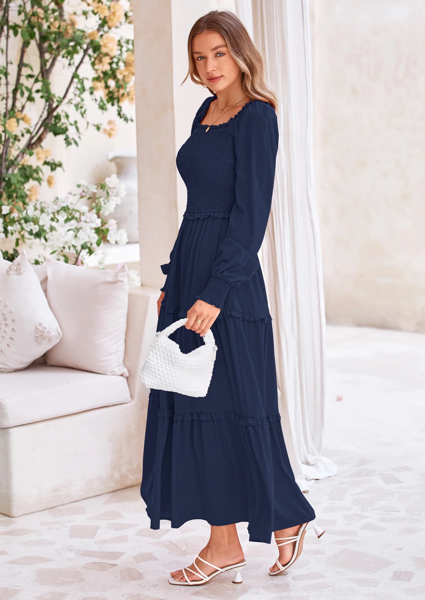 Fall Wedding Guest Dresses for Women Long Sleeve Square Neck Tiered A Line Modest Elegant Flowy Dresses