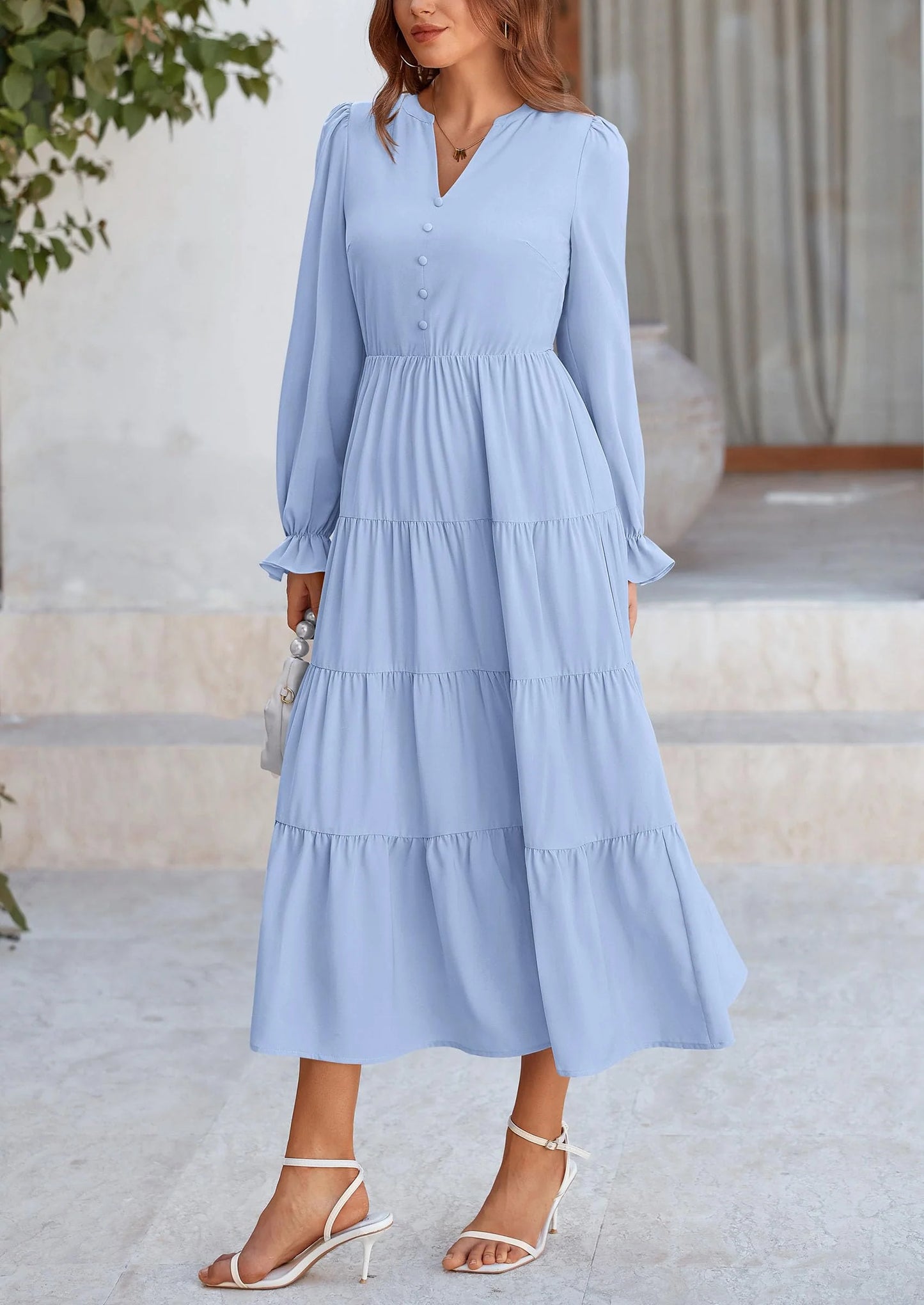 Women Fall Long Sleeve Smocked Maxi Dress Casual Square Neck Swiss Dot Tiered Ruffle Flowy Spring Pocket Dresses