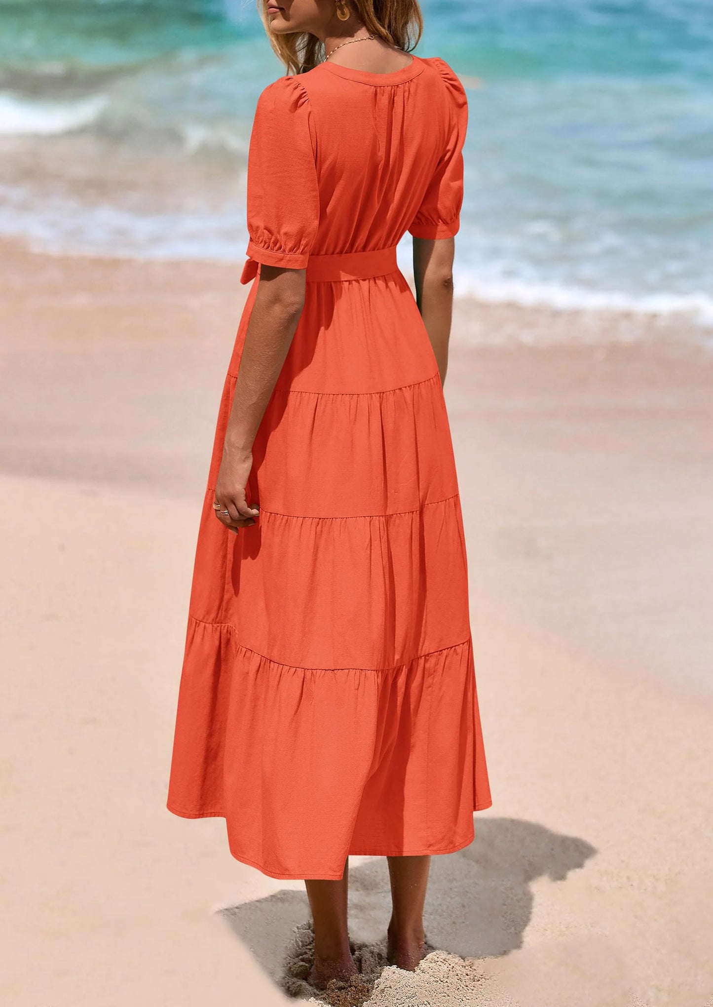 Women's Midi Dress Casual Short Sleeve V Neck Buttons Belted Ruffle A Line Flowy Dress with Pockets