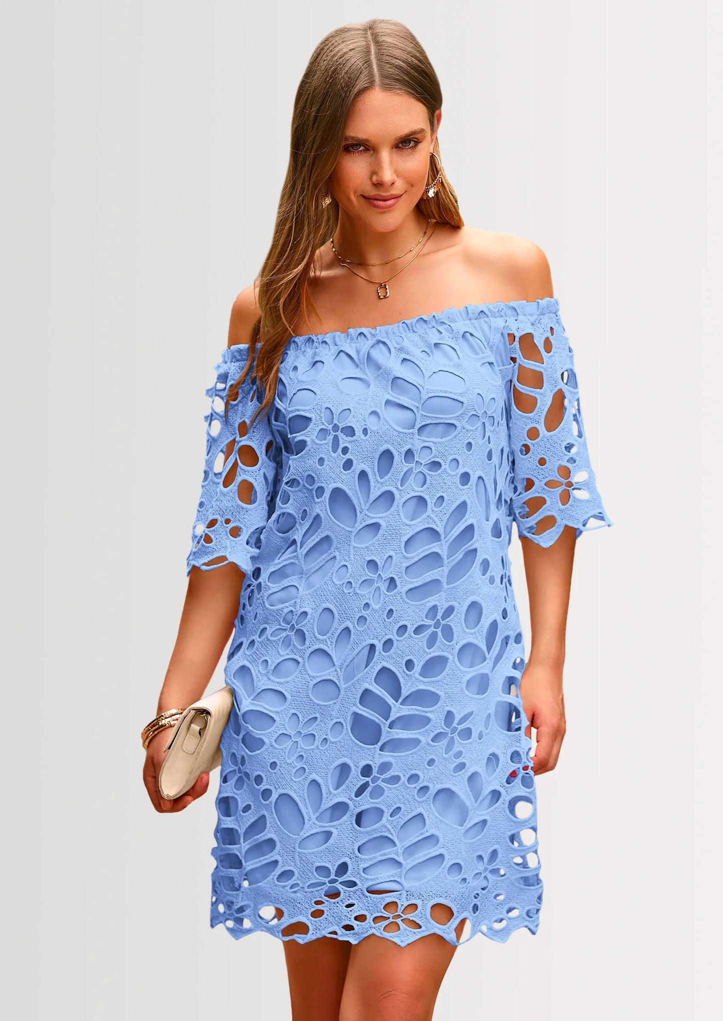 Women's Summer Off Shoulder Dresses Floral Lace Flare Short Sleeve Spring Vintage Elegant Mini Dress