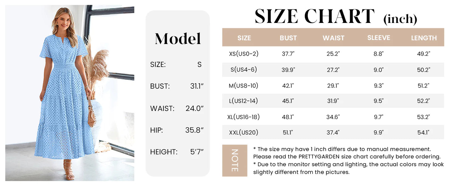 Womens Maxi Dress Short Sleeve V Neck Hollow Out Eyelet A Line Long Flowy Beach Vacation Dresses