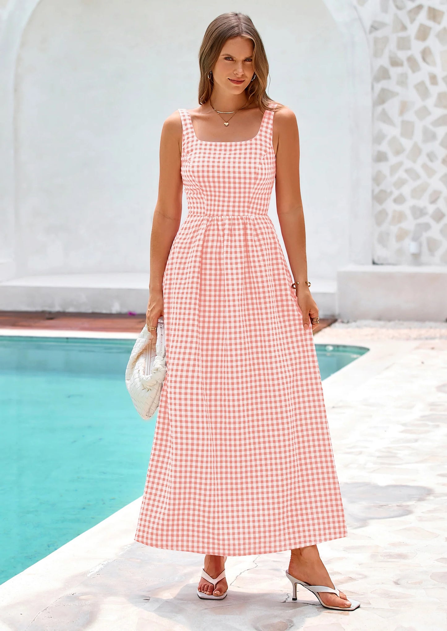 Women's Summer Spaghetti Strap Maxi Dresses Plaid Square Neck A Line Casual Beach Vacation Long Sundress