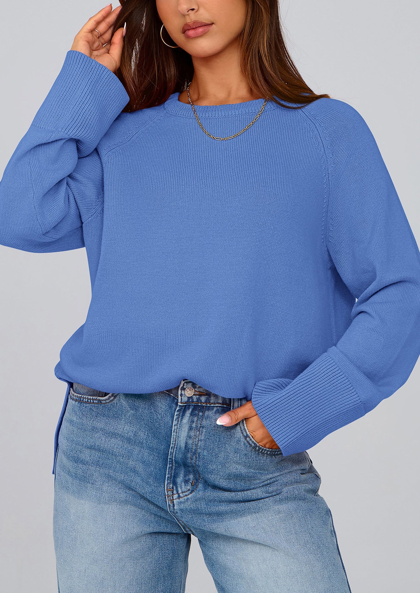 Women's Knit Fall Sweaters Long Sleeve Pullover Crewneck Split Hem Oversized Tunic Sweater Tops Winter Clothing
