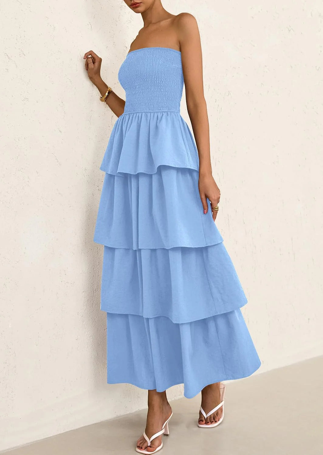 Maxi Dresses for Women Off Shoulder Smocked Tiered Ruffle Long Flowy Wedding Guest Dress