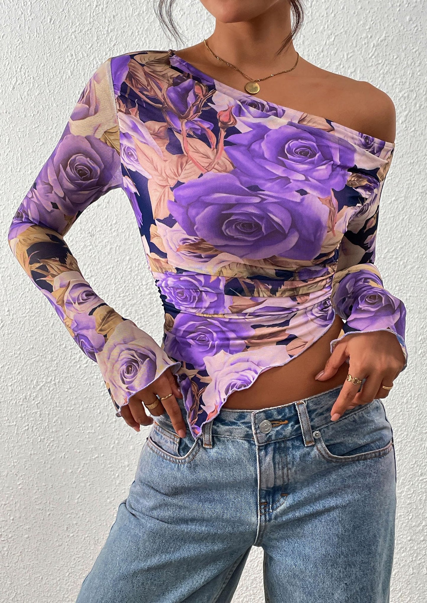 Womens Fall Trendy Off Shoulder Tops Tie Dye Mesh Long Sleeve Shirts Asymmetrical Ruched Floral Blouse