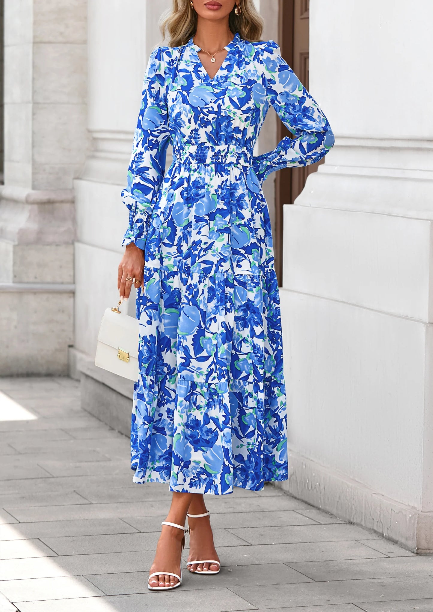 Women's Floral Maxi Dress Spring Long Sleeve V Neck Casual A Line Long Flowy Boho Party Dresses