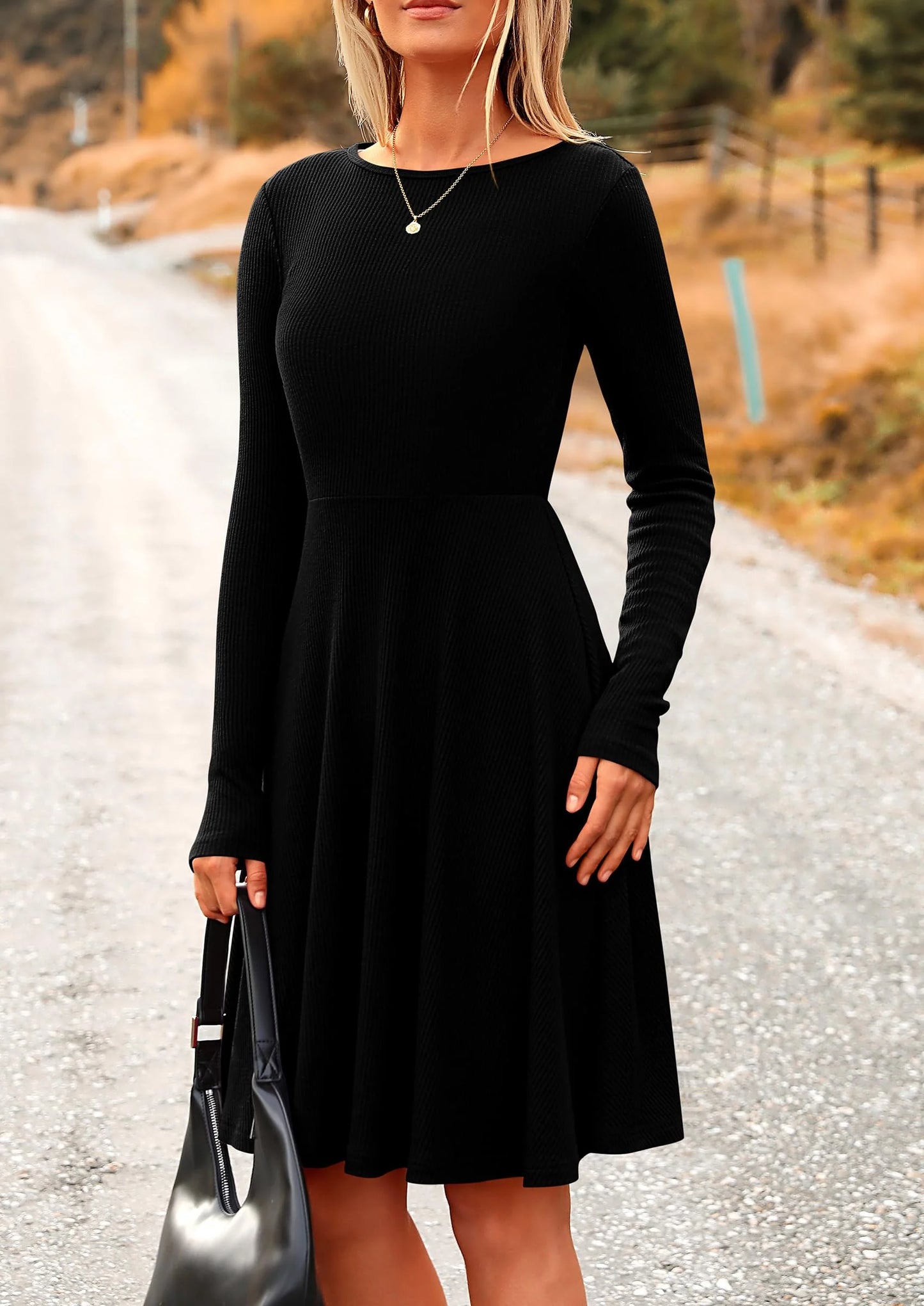 Women's Spring Fall Short Dress Ribbed Knit Crewneck Long Sleeve A Line Flowy Casual Elegant Going Out Dresses