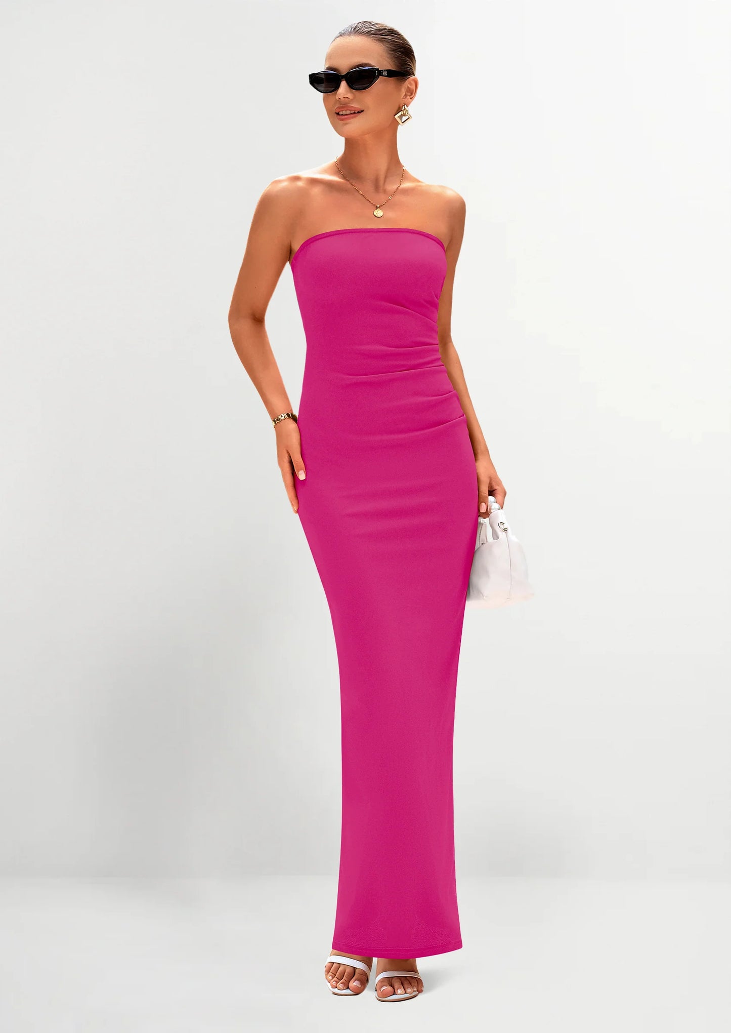 Women's Semi Formal Cocktail Dresses Strapless Tube Bodycon Ruched Evening Wedding Guest Maxi Dress