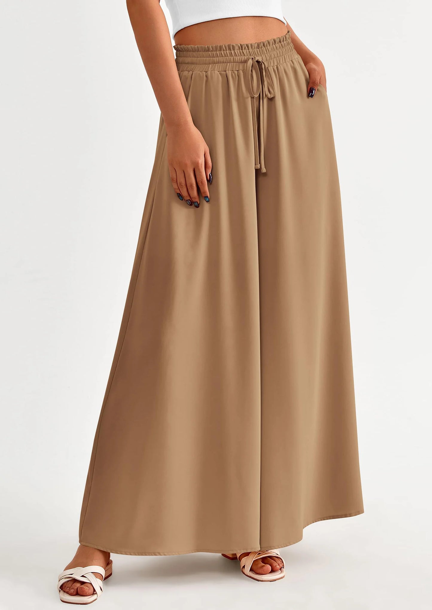 Women's Summer Wide Leg Palazzo Pants High Waisted Flowy Pockets Trendy Casual Lounge Boho Beach Trousers