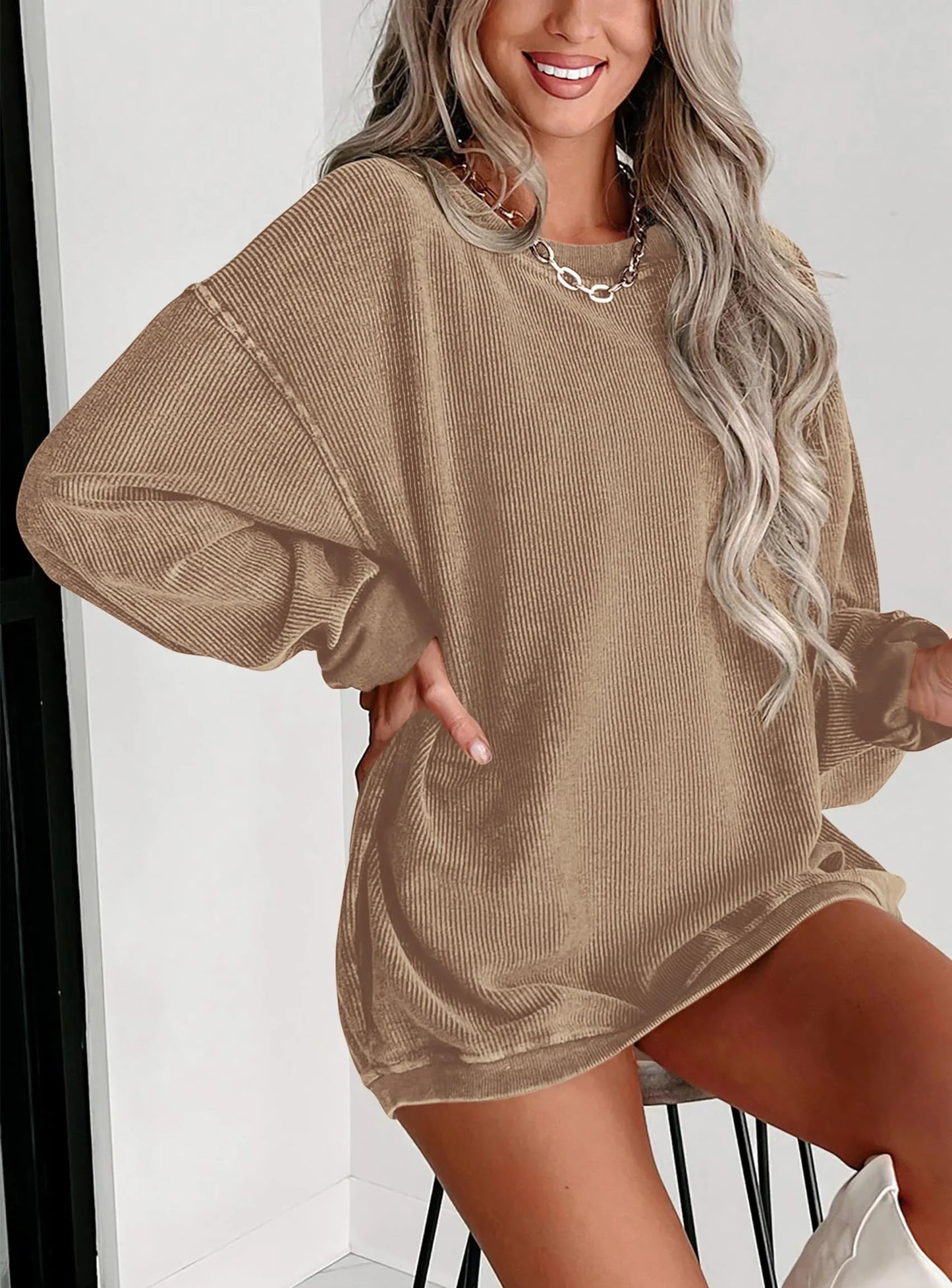 Women's Oversized Sweatshirt 2025 Fall Fashion Clothes Ribbed Corduroy Long Sleeve Going Out Pullover Tops