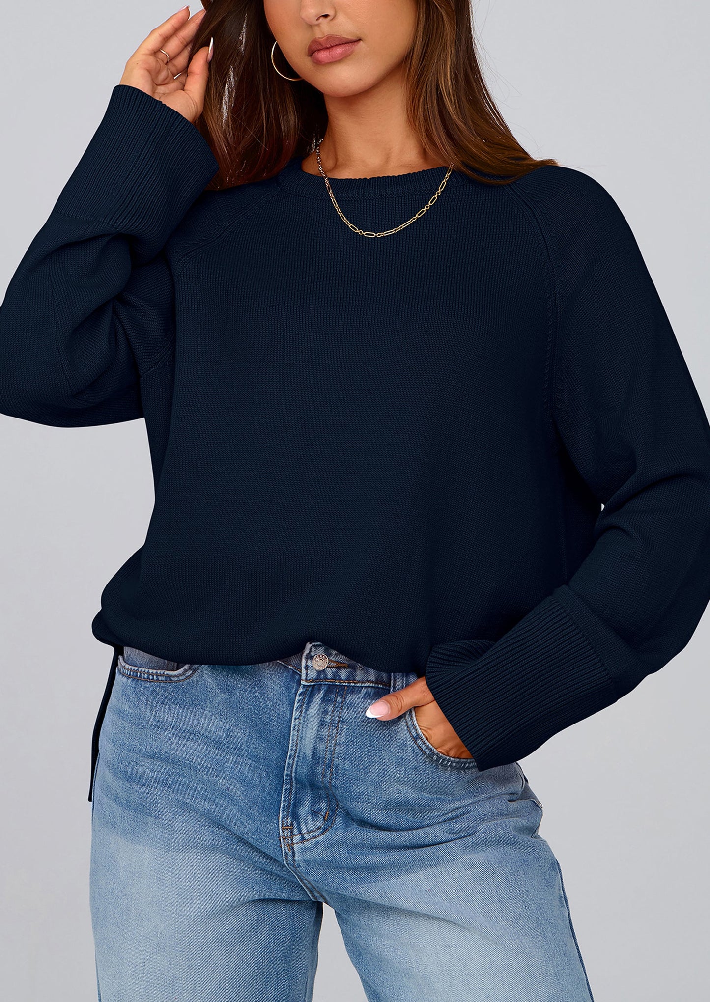 Women's Knit Fall Sweaters Long Sleeve Pullover Crewneck Split Hem Oversized Tunic Sweater Tops Winter Clothing