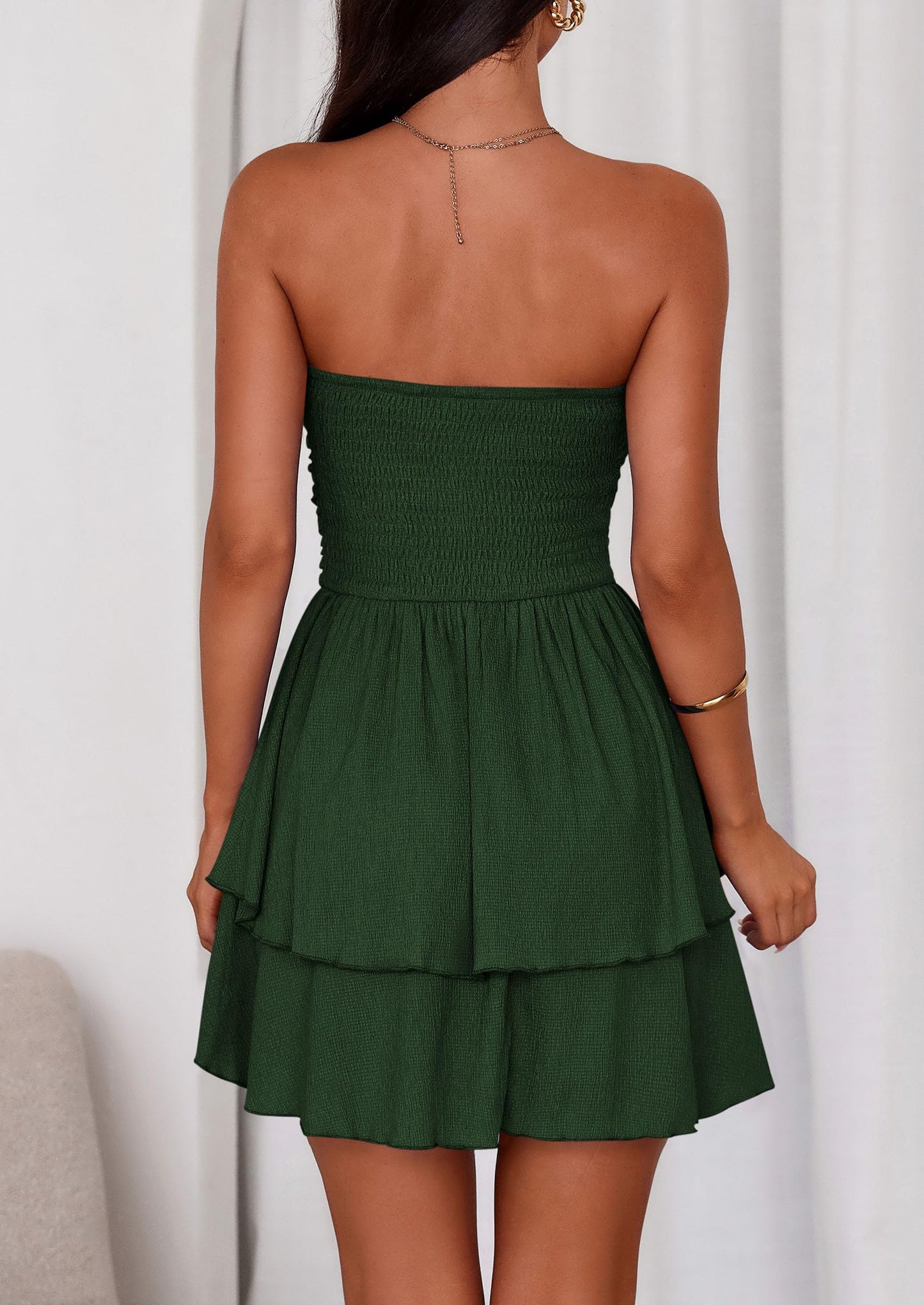 Women's Summer Strapless Tube Mini Dress Off Shoulder Smocked Ruffle A Line Flowy Short Party Club Dresses
