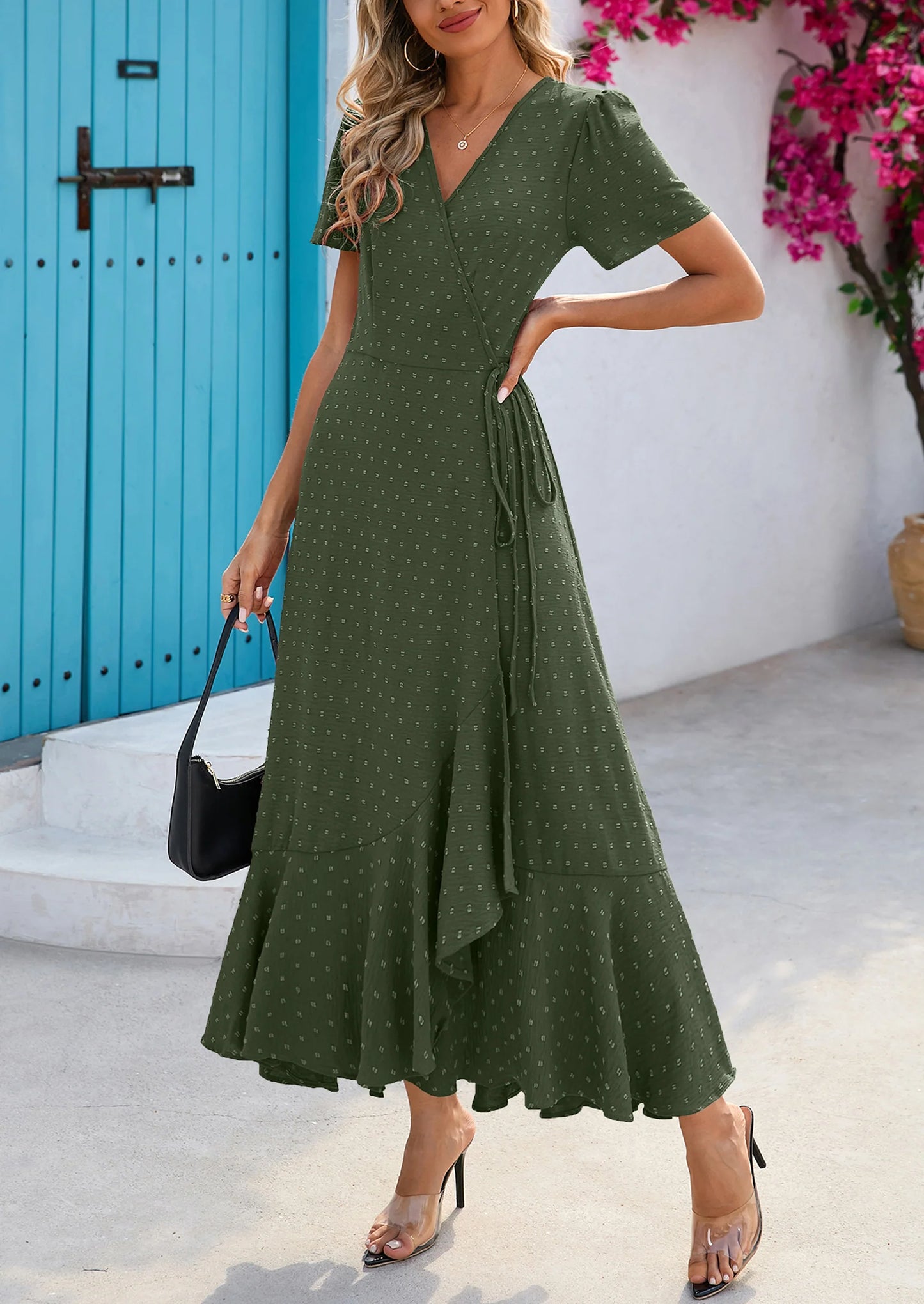 Women's Summer Maxi Dress Casual Wrap Floral Boho Short Sleeve V Neck Split Ruffle Beach Long Dresses