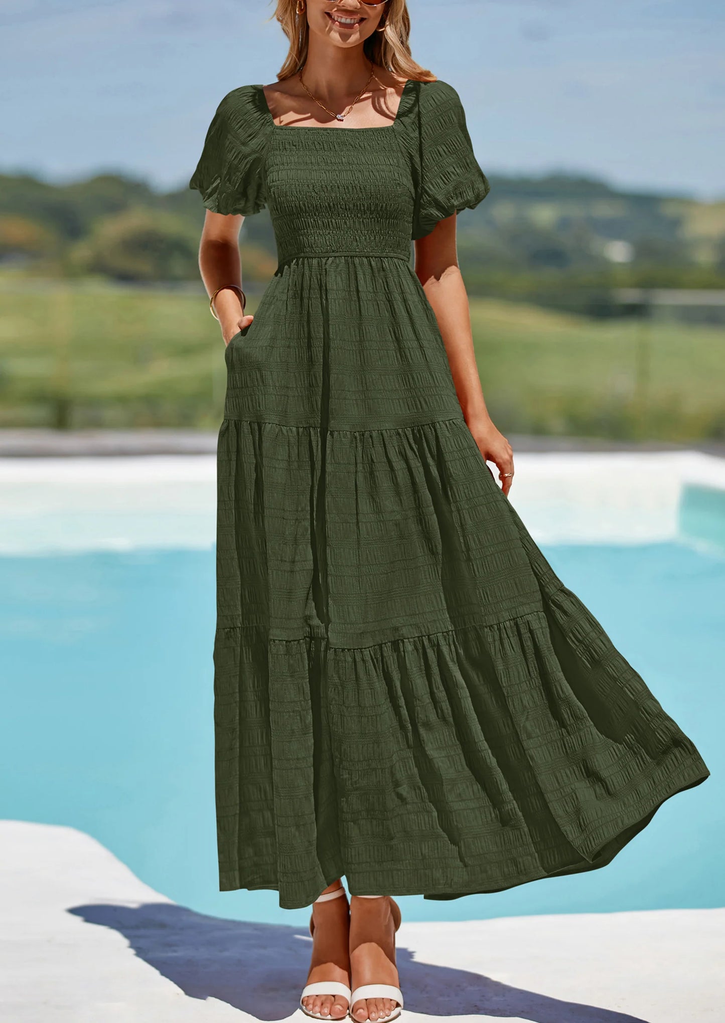 Womens Summer Puff Short Sleeve Maxi Dress Square Neck Smocked Tiered Ruffle A Line Long Flowy Beach Dresses