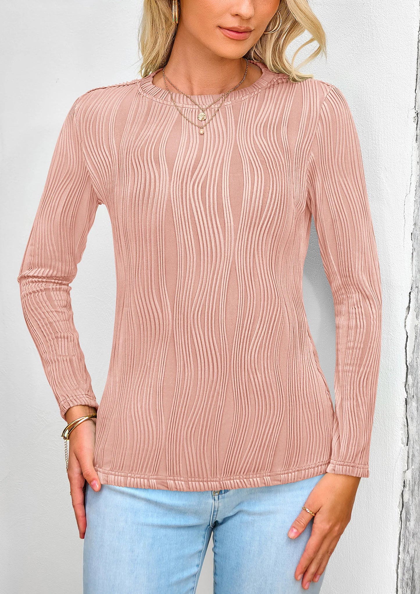 Long Sleeve Tops for Women Spring Fall Trendy Business Dressy Casual Shirts Crewneck Textured Blouse