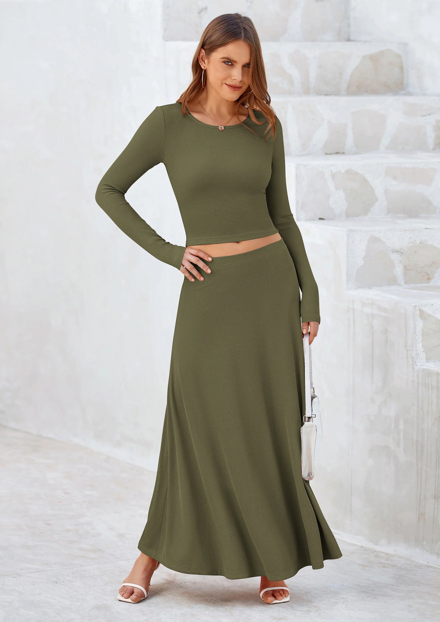 2 Piece Casual Ribbed Knit Long Sleeve Crop Tops Maxi Flowy Skirts Matching Sets