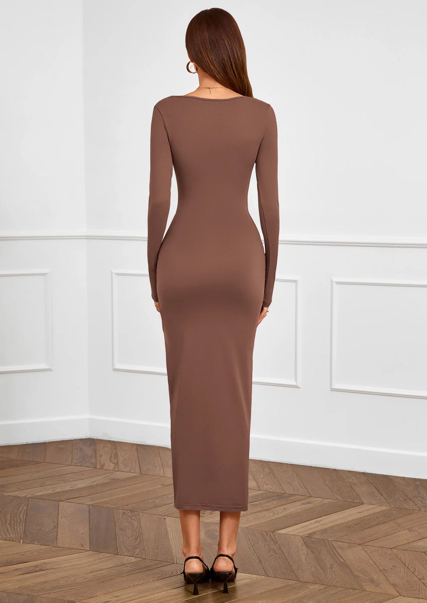 Women's Fall Wedding Guest Cocktail Midi Dresses Elegant Long Sleeve Bodycon Ruched Dress Fashion Clothing