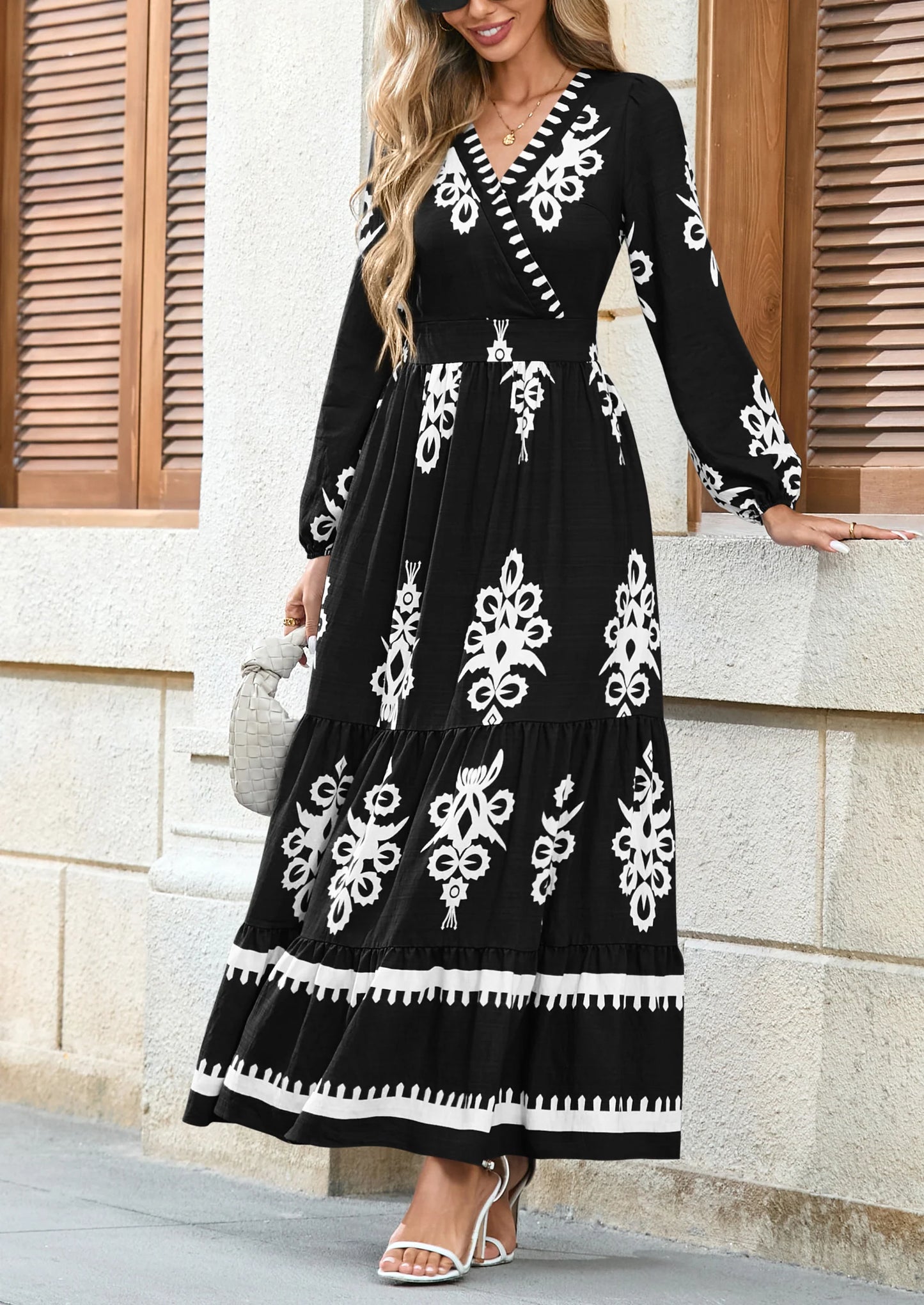 Women's Fall Wedding Guest Dresses Boho Floral Long Sleeve V Neck Flowy Elegant Maxi Dress Beach Clothes