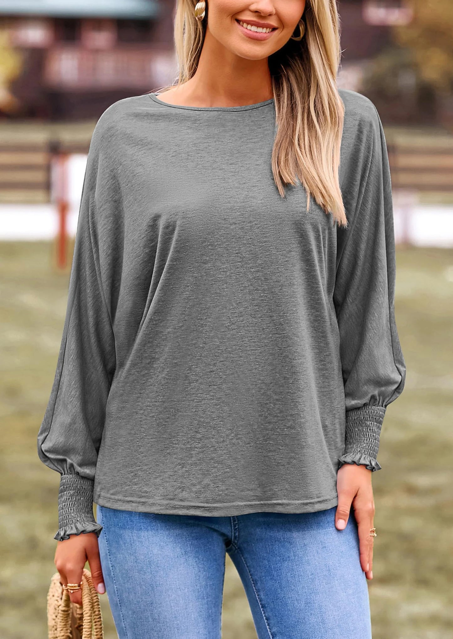 Women's Spring Fashion T Shirts Puff Long Sleeve Crewneck Casual Basic Tee Tops Blouses