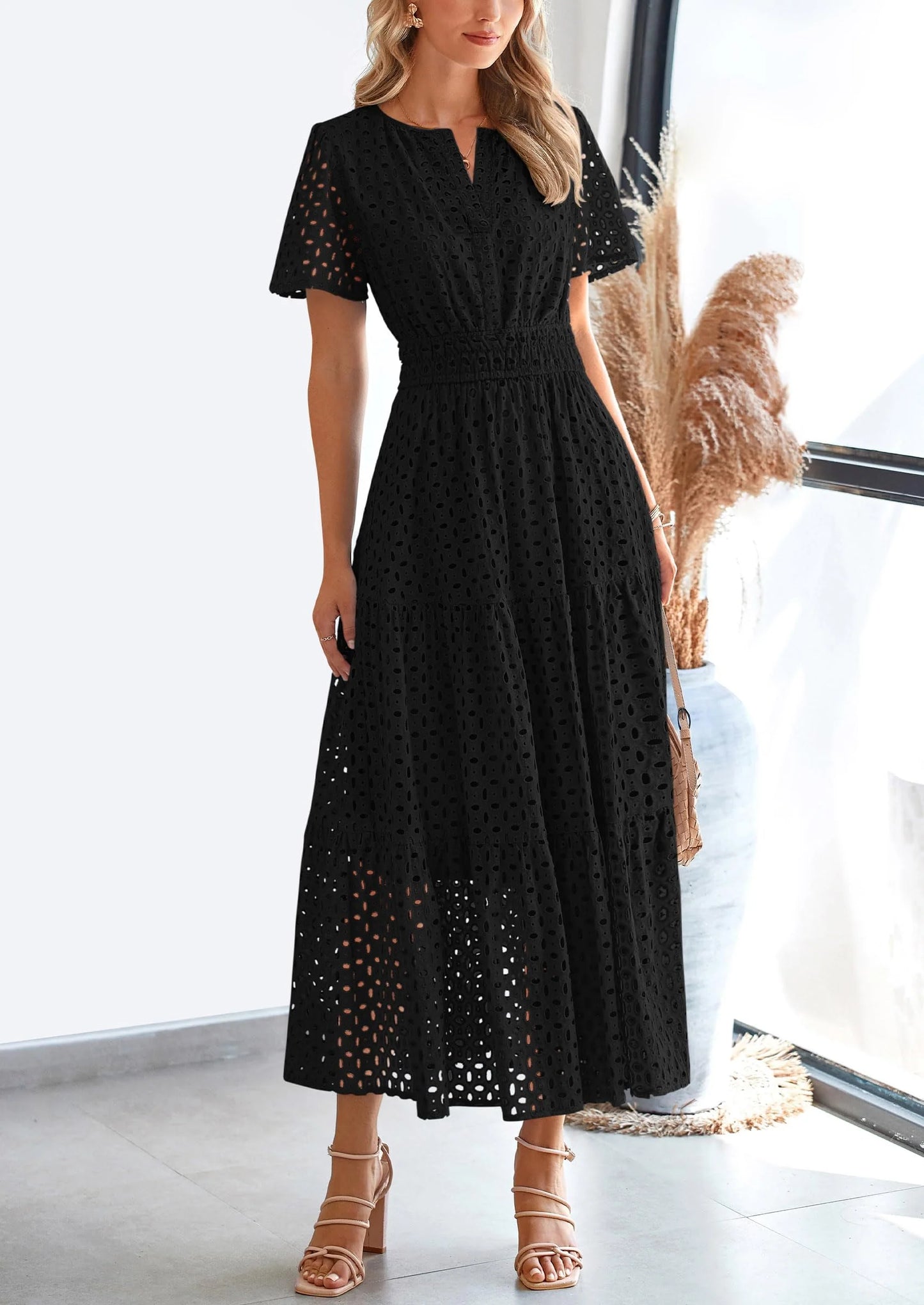 Womens Maxi Dress Short Sleeve V Neck Hollow Out Eyelet A Line Long Flowy Beach Vacation Dresses