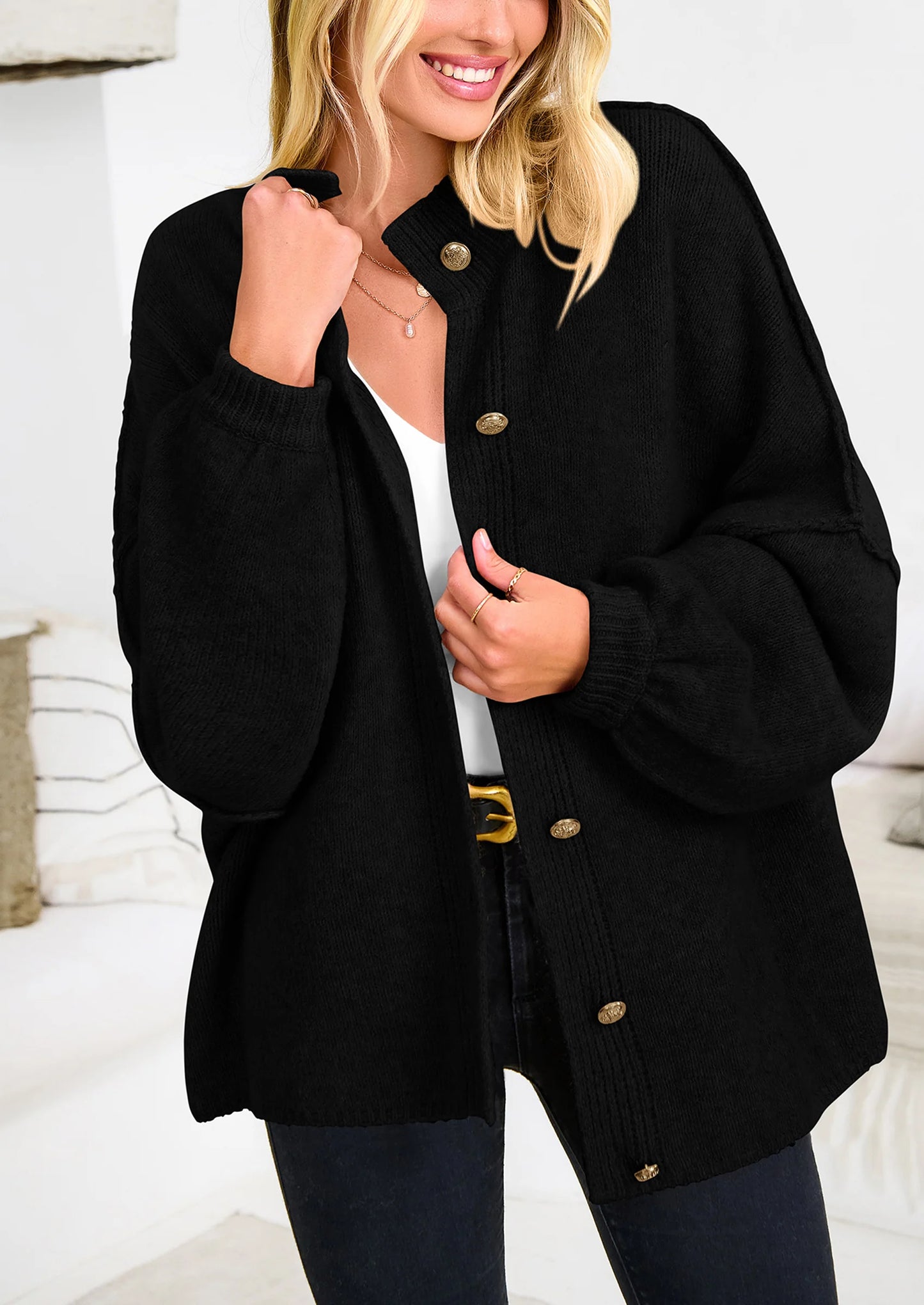 Women's Winter Button Down Cardigan Sweaters Mock Neck Lantern Long Sleeve Chunky Knit Jacket Trendy Outerwear