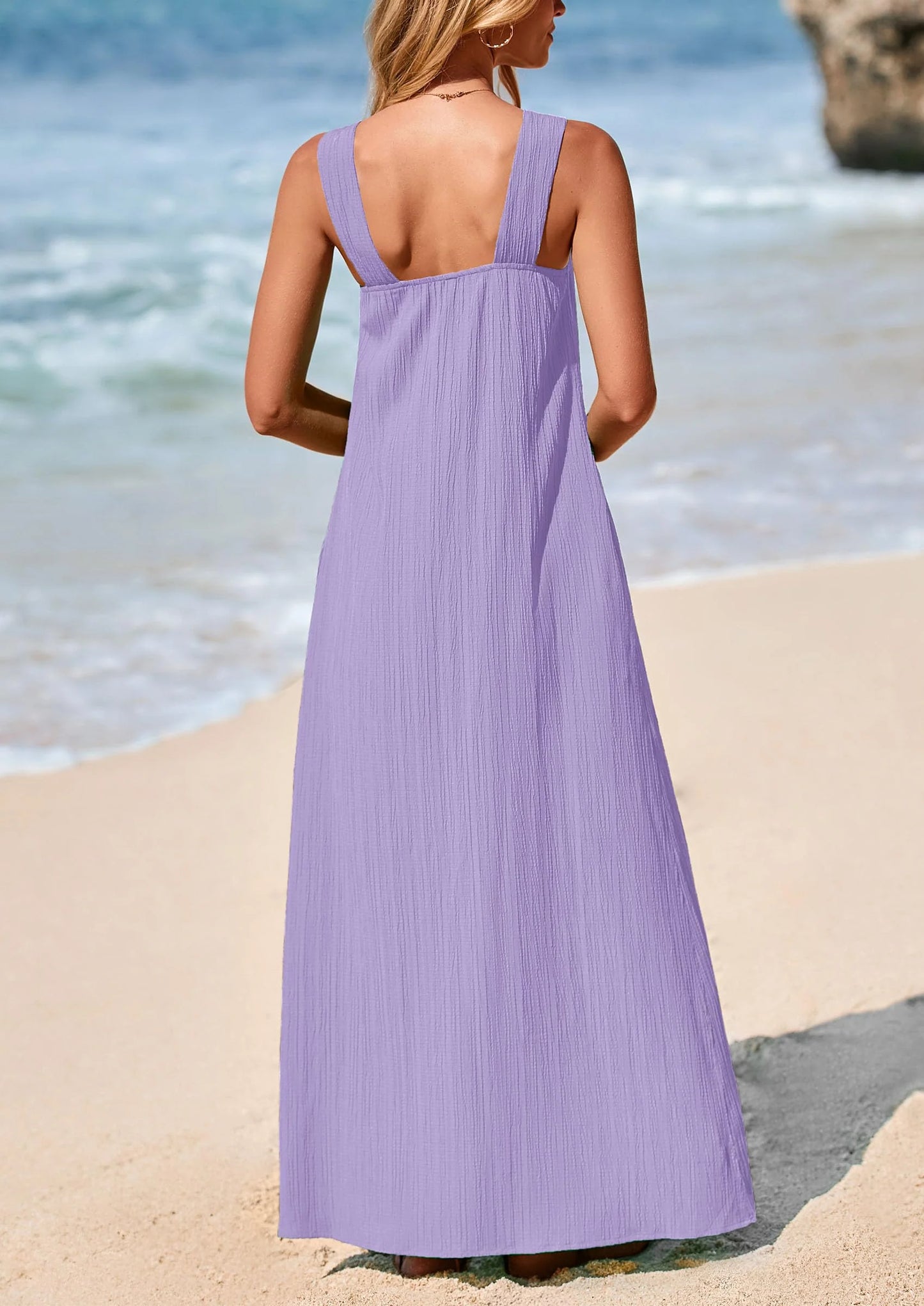 Womens Casual Long Summer Dresses Sleeveless Strappy Loose Flowy Beach Vacation Maxi Dress with Pockets