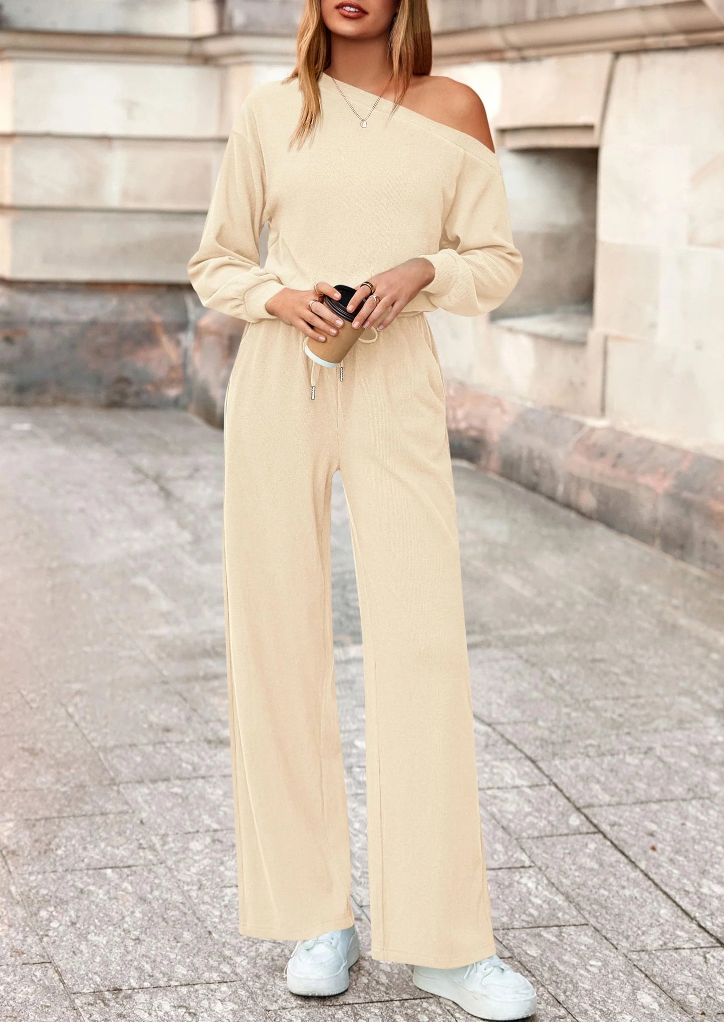 Long Sleeve Jumpsuit For Women Dressy Off Shoulder One Piece Loose Wide Leg Jumpsuits Casual Flowy Romper