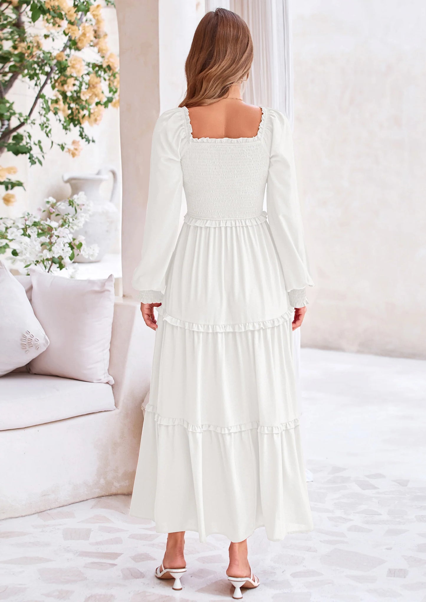 Fall Wedding Guest Dresses for Women Long Sleeve Square Neck Tiered A Line Modest Elegant Flowy Dresses