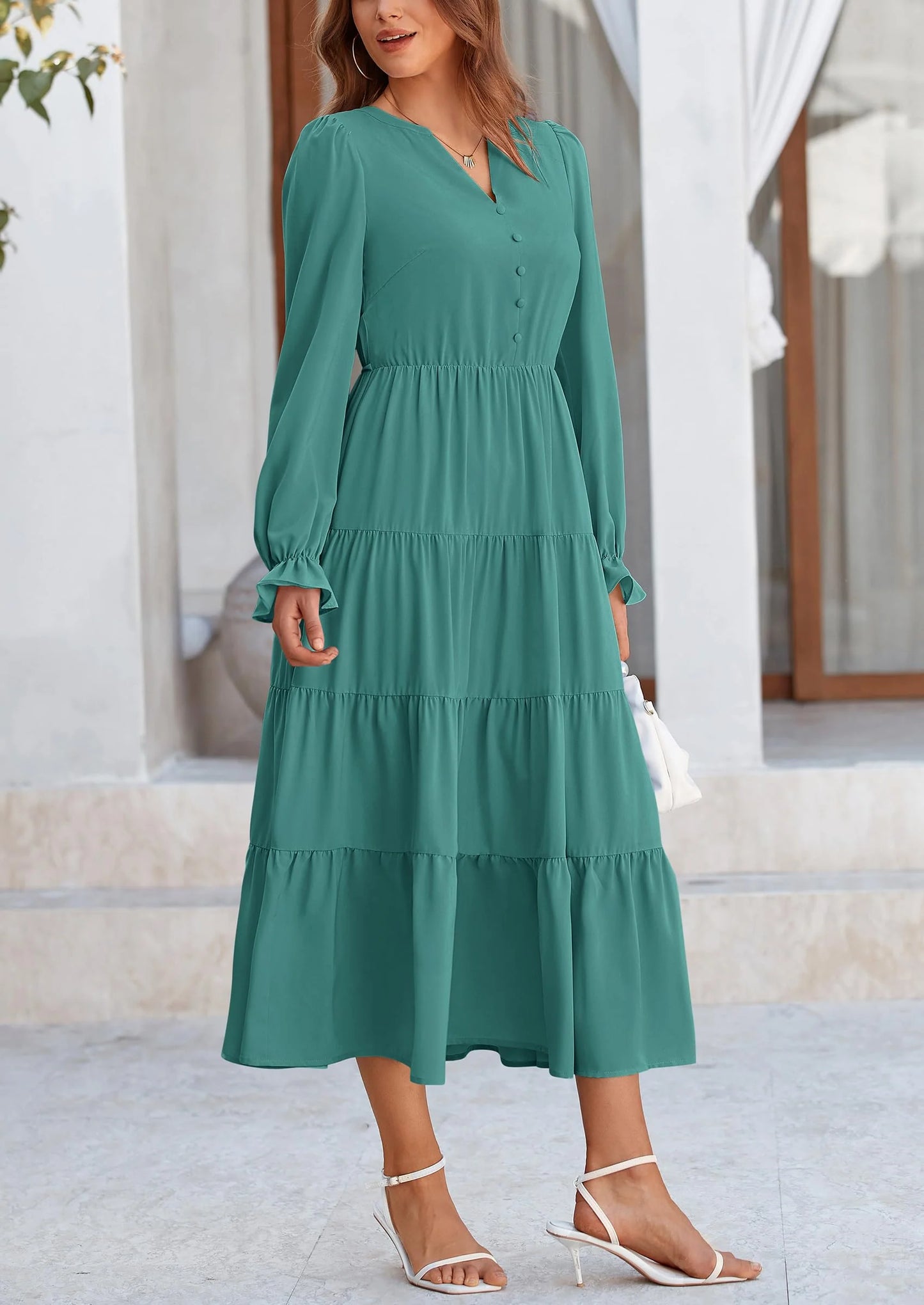 Women Fall Long Sleeve Smocked Maxi Dress Casual Square Neck Swiss Dot Tiered Ruffle Flowy Spring Pocket Dresses